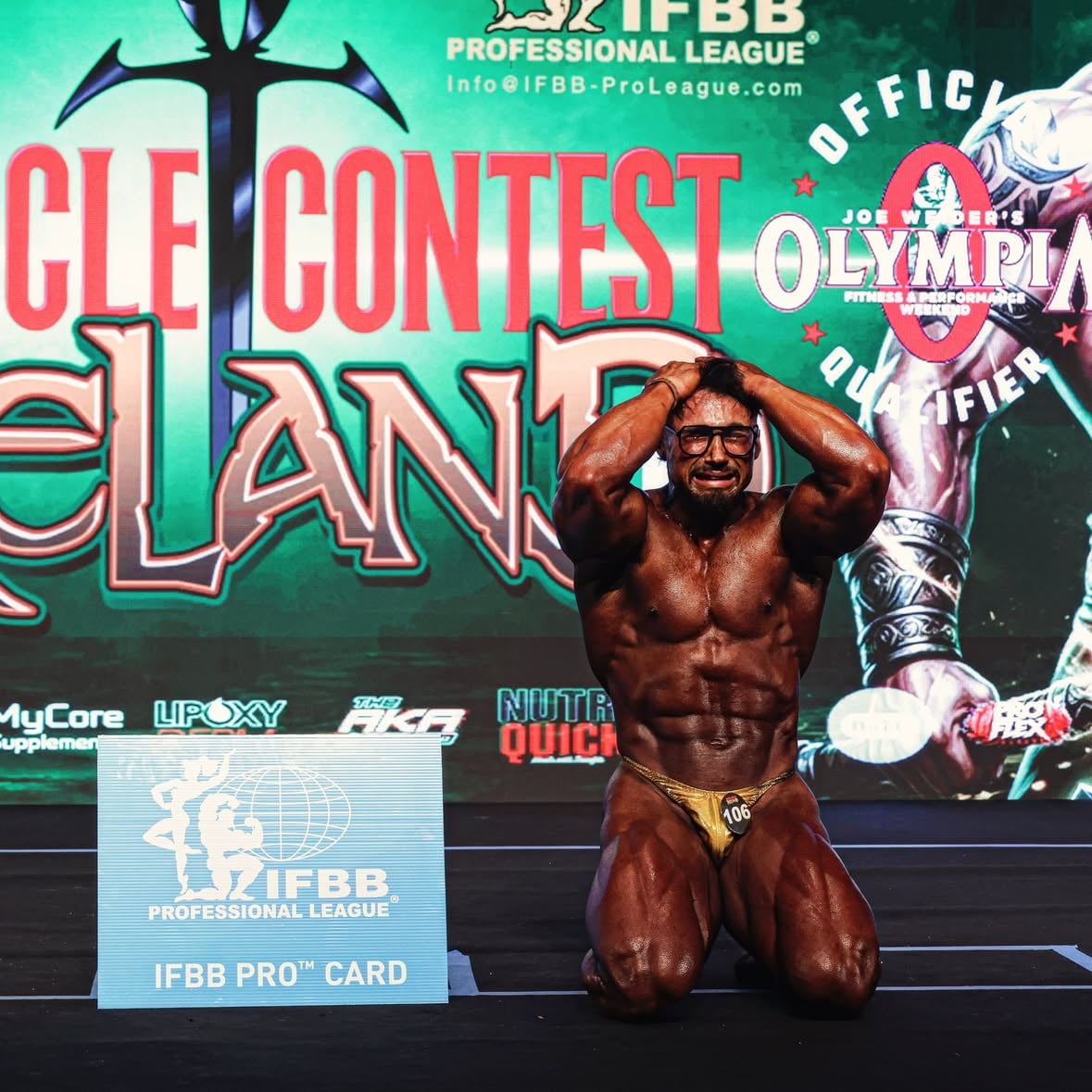 After having partially torn my quad 3 weeks before this competition I was done in my head . I couldn’t put my foot on the ground even. And struggled to walk for a week. The idea of this season was never to get a pro card . I decided to compete I don’t even know why.  Everything was planned for 2027 . Was ment to be THE YEAR. But I had the urge to step on stage . 
With a 5 week prep I did my regional ( I had to do the show because was the only one at the time if I wanted to do a pro qualifier) So I did … and somehow .We took the over all on the regional. 
After that came Poland and just 7 days before… my quad snapped on the leg press. I called my coach @coach.of.wolves crying .  I never got injured in my life so I was not only panicking for my future but also because of all of the work that I had done so far . He told to wait, breathe and not give up yet because was not fully torn, to go home, and put my legs up and ice.  And somehow I got on the flight to Poland . But minutes before I checked in I had a panic attack because I couldn’t feel my leg . My nerve was being compressed and my leg was numb and weak.  Again . Don’t ask me how . But I got in to the flight.  From there on I just wanted to survive my competitions and not fu** the rest of my quad posing . ( because it hurted like a MF) 
the day before Irland (this show ). I had planned to go to Alicante to do a show next week but I told my coach I am canceling the Spain show because my legs are gone. At this moment couldn’t train legs for 3 weeks…  and he told me . 
-“ yeh I didn’t want to stress you but it’s true , maybe it makes sense “
But he believed in me .  I had ABSOLUTELY NO BELIEF. I was just there alone and accepted that the goal was to have fun within the circumstances that I had before me. And so I did .
I was talking and walking backstage with everyone. Just walking in my posing trunks instead of laying like a potato with my legs up. Because I wanted to enjoy the moment.  When i stepped on stage . We had the strongest line up (11 big doods) and I was just there for fun.  But… I won my class and somehow, the overall ….And after that it’s history #fy  #fyp