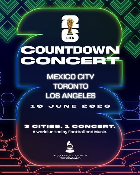 FIFA Countdown Concert ⚽🎶 

3 Cities. 1 Concert. A synchronized live experience uniting the world through Football & Music. 

In collaboration with the @grammys® 

📍Mexico City, Toronto & Los Angeles 
🎟️ Learn more at link in bio 
📺 Watch live on @tiktok on June 10 
▶️ Watch on demand the next day on @vumeliveppv