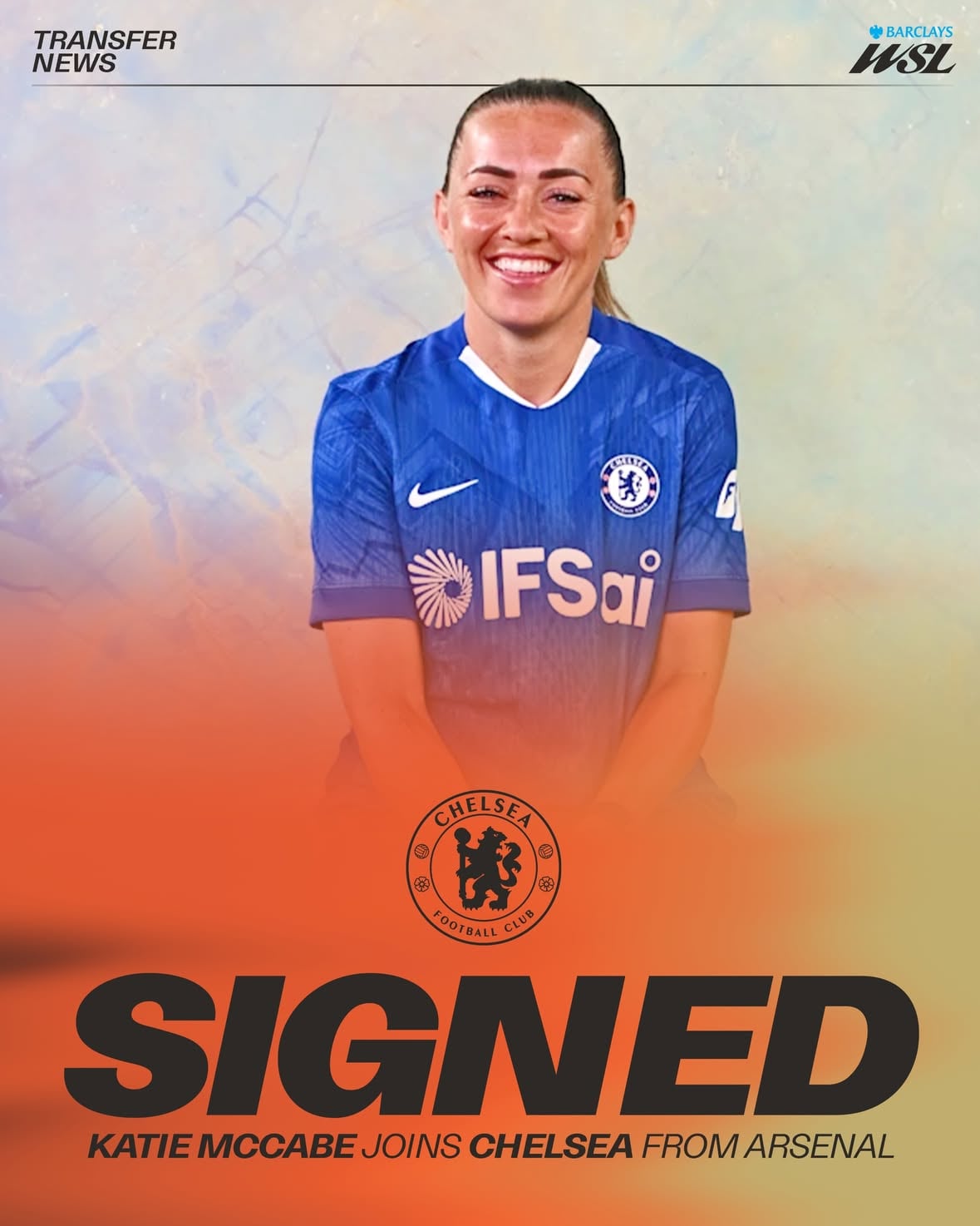 Same city. New colours.

@chelseafcw have officially completed the signing of @katie_mccabe11 from Arsenal! ✍️