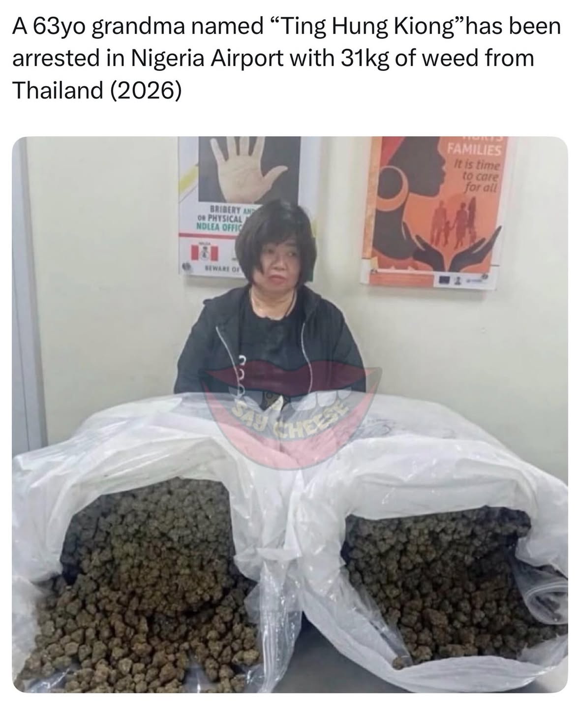 63-Year-Old Chinese Grandma Arrested at Lagos Airport With 31kg of ‘Canadian Lo¥d’ Hidden in Large Travel Boxes

Operatives of the National Drug Law Enforcement Agency have arrested a 63-year-old Chinese grandmother, Ting Hung Kiong, for allegedly attempting to smuggle a large consignment of “Canadian Lo¥d,” a synthetic strain of cann@bis, into Nigeria.

The suspect, a Chinese national said to have become naturalised in Malaysia, was arrested on Sunday, May 17, 2026, after arriving in Nigeria from Thailand via Dubai aboard an Emirates Airline flight.

She was intercepted by NDLEA operatives at the Terminal 2 Arrival Hall of the Murtala Muhammed International Airport in Ikeja, Lagos.