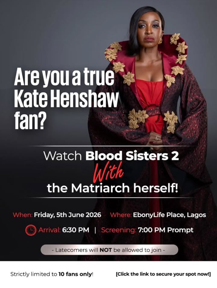 📌ONLY 10 SPOTS AVAILABLE!!

I am inviting 10 lucky fans to come with me to the watch party of Blood Sisters Season 2..

📌Click the link in my bio to register to attend. 

Please note that only a confirmation text sent to you after you register admits entry.. 

Where: Ebonylife Cinema V/I

Time: 6:30 prompt. 

‼️No latecomer will be admitted entry.

Date : Friday,  5th June 2026

I can't wait to host you...🤗🥂