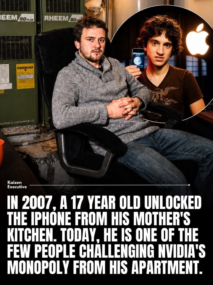 George Hotz, known as geohot, unlocked Apple’s original iPhone at age 17 in 2007 from his mother’s kitchen, spending approximately 500 hours over one summer to bypass AT&T carrier restrictions and enable T-Mobile compatibility. 

Today, working from his apartment, Hotz challenges NVIDIA’s AI chip monopoly by developing open-source framework tinygrad and partnering with AMD, continuing his legacy of taking on tech giants with minimal resources.

#legend #genius #technology