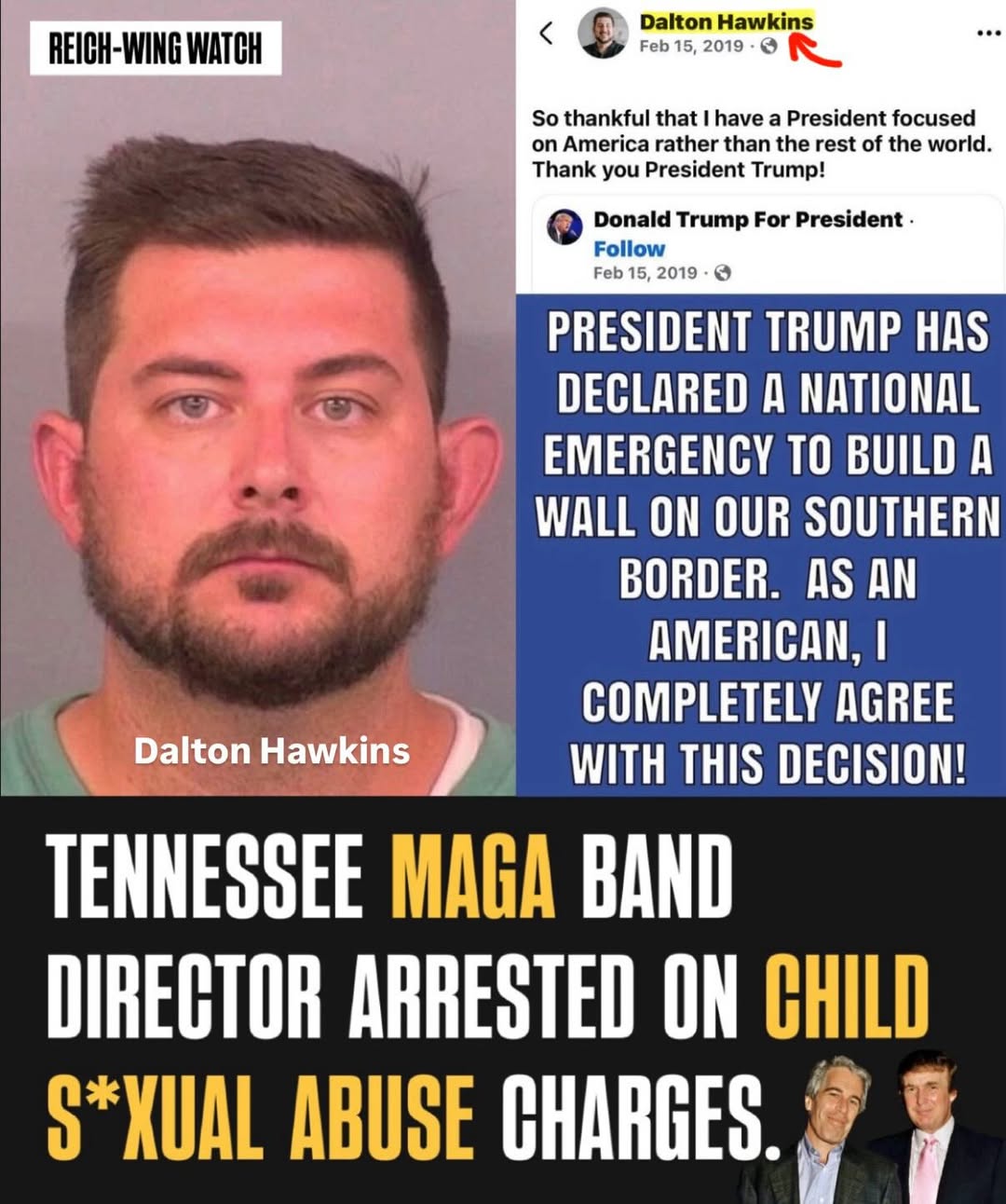 🚨A Tennessee Trump supporter has been arrested and charged with statutory r*pe by an authority figure.

Dalton Hawkins, 32, a White House High School bank director, was booked into the Sumner County Jail after investigators say he s*xually assaulted a 16-year-old student — his own band student — ON school campus. He also admitted to kissing the minor at a Sonic restaurant.

According to an arrest affidavit, Hawkins admitted he knew she was 16, had been texting her for weeks, and “taken an interest in her.”

Not surprisingly, Hawkins made support for Trump and his Christian faith a primary focus of his identity on Facebook.

His bond was set at $600,000. A trial date has been set for June 12, 2026.
