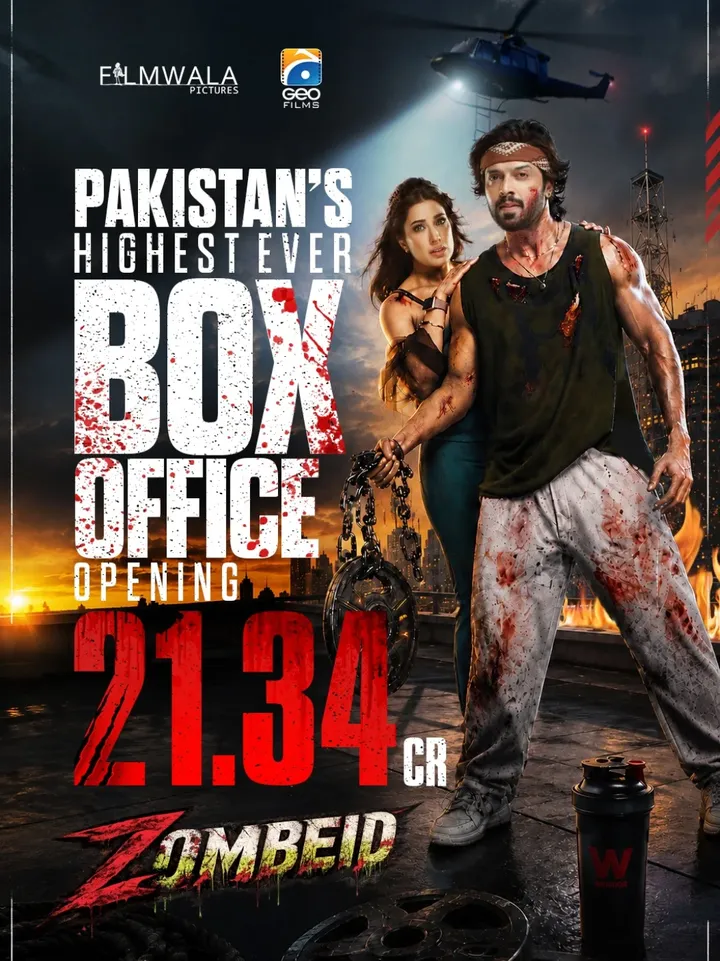 Zombeid has broken all previous box office records.

Geo Films and Filmwala Pictures presentation, ZOMBEID has taken the box office by storm with a monstrous and record-breaking run across cinemas nationwide.

Delivering a sensational performance and rewriting Pakistani box office history, the film has grossed a massive Rs. 21.34 crores so far this Eid-ul-Adha — making it the highest-grossing film of the festive season.

#Zombeid #FahadMustafa #MehwishHayat #Filmala #GeoFilms Housefull Blockbuster EidulAzha SuperHit InCinemasNow