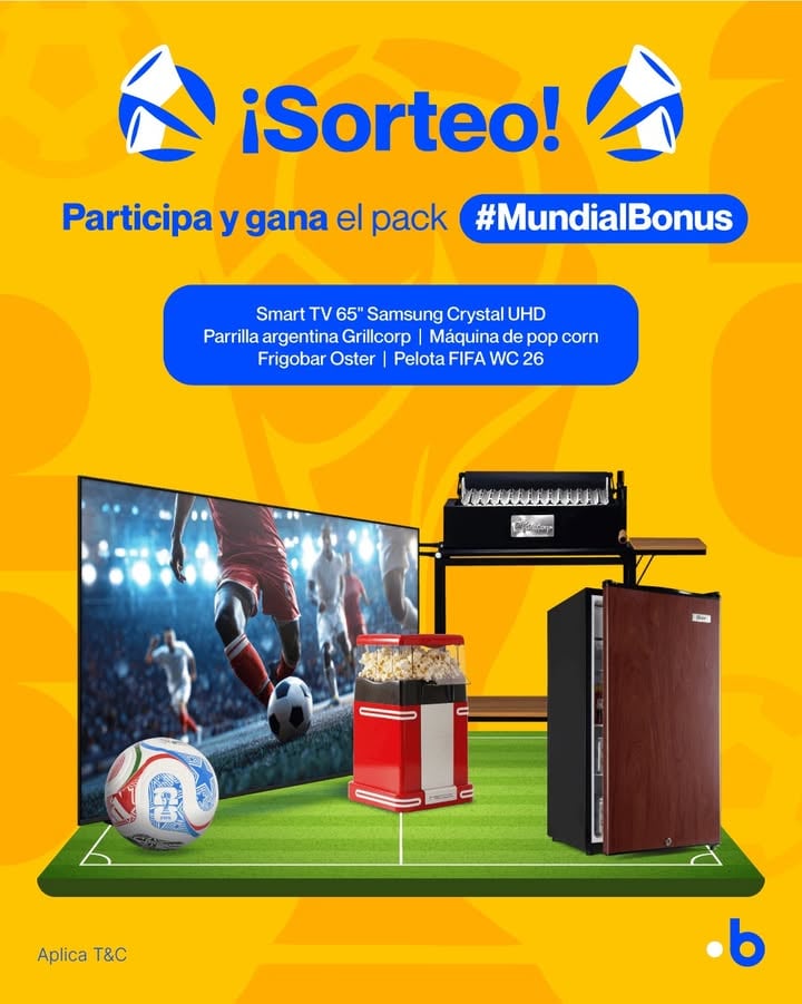 ¡Tu casa se convierte en el mejor palco VIP! 🏟️✨

Participa en nuestro sorteo y gana el pack #MundialBonus para disfrutar de todos los partidos.

El pack incluye:
- Smart TV 65" Samsung Crystal UHD
- Parrilla modelo argentina Grillcorp
- Frigobar Oster 91 Lt
- Máquina de pop corn
- Pelota oficial FIFA WC 26 Trionda

¿Cómo participar?

1️⃣ Síguenos en Instagram y TikTok como @bonusperu
2️⃣ Dale like al post
3️⃣ Etiqueta en los comentarios a tu mancha para ver el partido (mínimo 2)

 Extra Bonus: A más comentarios con amigos diferentes, más oportunidades de ganar

Encuentra estos productos y muchos más en la App Bonus o en bonus.pe y vive el mundial con tus puntos Bonus.

📅 Participa hasta el 09 de junio a las 11:59pm 
Revisa nuestro términos y condiciones en nuestro link del perfil
Sorteo exclusivo para clientes Bonus. Afíliate gratis en: afiliate.bonus.com.pe

Aplican T&C.