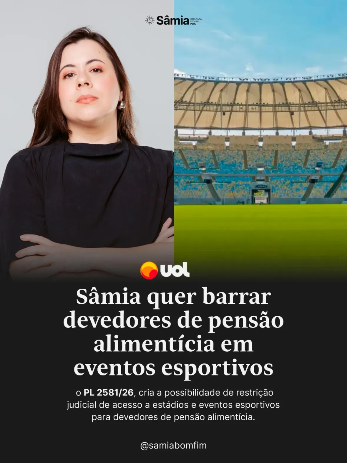 Quem não paga pensão alimentícia não pode seguir frequentando estádio de futebol como se nada estivesse acontecendo. Enquanto milhares de mulheres criam seus filhos sozinhas, trabalham em jornadas exaustivas e lutam para receber o que é devido, tem muito pai devedor levando a vida normalmente.

Por isso, protocolei o projeto 2581/2026 que permite à Justiça restringir o acesso de devedores de pensão a eventos esportivos enquanto a dívida não for quitada. A proposta tem um objetivo simples: criar mais um instrumento de pressão para garantir dignidade a crianças e adolescentes.

A restrição não substitui as medidas já existentes, ela soma esforços para garantir o cumprimento de um dever. Pensão alimentícia não é ajuda, nem gentileza, é obrigação!

A colunista @aliciaklein explicou minha proposta em primeira mão no UOL Esporte. Recomendo a leitura!