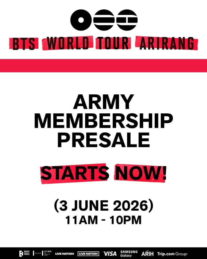 📣 ARMY, 𝘁𝗵𝗲 𝘄𝗮𝗶𝘁 𝗶𝘀 𝗼𝘃𝗲𝗿, 𝘁𝗵𝗲 𝘁𝗶𝗺𝗲 𝗶𝘀 𝗻𝗼𝘄💥 ARMY MEMBERSHIP PRESALE is officially LIVE!! It’s time to secure your tickets, so get ready and make your move now🔥⁠
⁠
𝐁𝐓𝐒 𝐖𝐎𝐑𝐋𝐃 𝐓𝐎𝐔𝐑 '𝐀𝐑𝐈𝐑𝐀𝐍𝐆' 𝐈𝐍 𝐊𝐔𝐀𝐋𝐀 𝐋𝐔𝐌𝐏𝐔𝐑⁠
📅 12 & 13 DEC 2026 (SAT & SUN)⁠
📍TM Stadium Nasional ⁠
🎫: www.golive-asia.com ⁠
⁠
Save the dates! ⁠
⁠
🎟 𝐀𝐑𝐌𝐘 𝐌𝐄𝐌𝐁𝐄𝐑𝐒𝐇𝐈𝐏 𝐏𝐑𝐄𝐒𝐀𝐋𝐄: Wed, 3 June, 11am - 10pm ⁠
⁠
🎫 𝐓𝐫𝐢𝐩.𝐜𝐨𝐦 𝐏𝐑𝐄𝐒𝐀𝐋𝐄: Thu, 4 June, 9am - 11:59pm. ⁠
Visit https://tr.ee/wuZ7JW for more info.⁠
⁠
🎟 𝐋𝐈𝐕𝐄 𝐍𝐀𝐓𝐈𝐎𝐍 𝐏𝐑𝐄𝐒𝐀𝐋𝐄: Thu, 4 June, 11am - 10pm⁠
Register for a FREE membership via www.livenation.my to access the presale!⁠
⁠
🎫 𝐆𝐄𝐍𝐄𝐑𝐀𝐋 𝐎𝐍𝐒𝐀𝐋𝐄: Fri, 5 June, 11am onwards⁠
⁠
#방탄소년단 #BTS #BTS_WORLDTOUR_ARIRANG #BTS_WORLDTOUR_ARIRANG_KUALALUMPUR #BTS_WORLDTOUR_ARIRANG_ASIA #LiveNationMY
