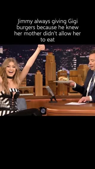 Jimmy Fallon kept giving Gigi Hadid burgers because she openly talked about loving burgers and even had a personal motto: “Eat clean to stay fit, eat a burger to stay sane.” ￼

One time on The Tonight Show, Fallon surprised her with a burger from J.G. Melon, which Gigi had called one of the best burgers in New York. She was genuinely excited and happily ate it on air. ￼

The burger became a running joke because Fallon remembered how much she loved them, so fans started associating every Gigi appearance with Jimmy finding a way to get a burger involved. 🍔😂 ￼
