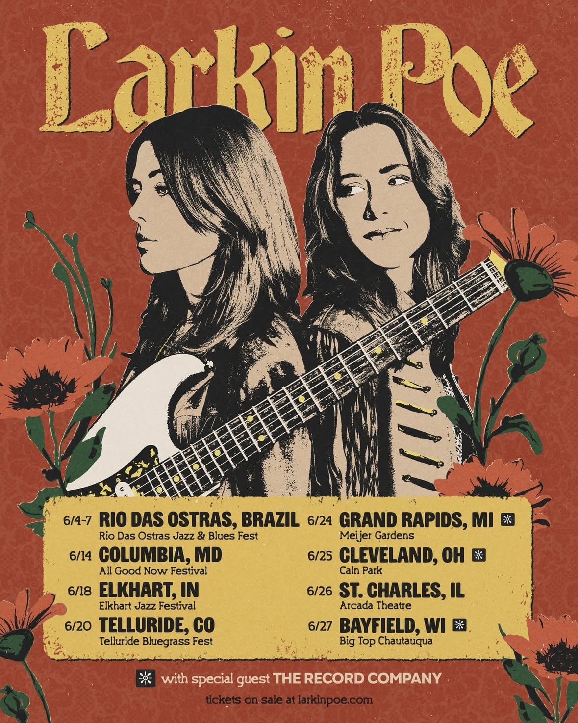This month Larkin Poe is heading to BRAZIL 🤯🤯as well as Maryland, and across the Midwest.

Festival season continues, AND we’ll be playing some headlining shows, so don’t forget to snag your VIP m&g upgrades for those shows at LarkinPoe.com!