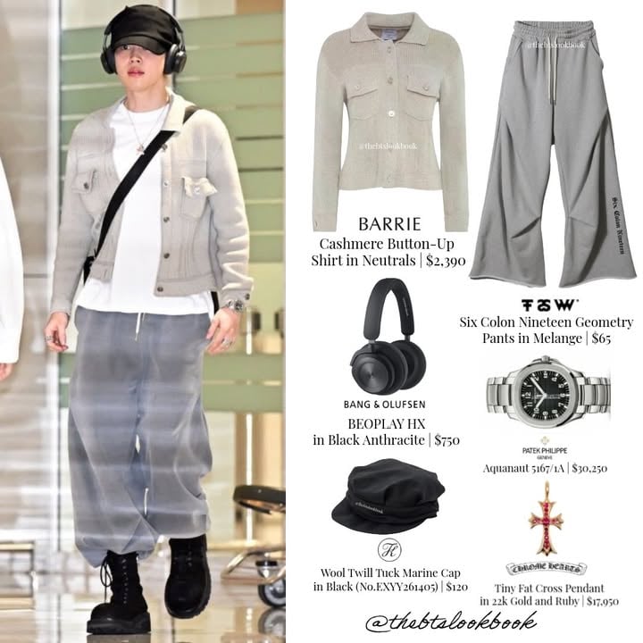 260530 | at Incheon airport coming back from the “‘ARIRANG’ WORLD TOUR in North America” | Jimin Wearing

- Cardigan by @barrie 
- Pants by @fanshow_official 
- Hat by @kijimatakayuki_official 
- Headphones by @bangolufsen 
- Watch by @patekphilippe 
- Rings and Cross Pendants by @chromeheartsofficial 
- Bracelets by @dior, @tiffanyandco and @fredjewelry 

📸 K-Media / Tliiva on X

Jewelry credits to @jimin_earrings 

#BTS #방탄소년단 #jimin #지민 #airport
