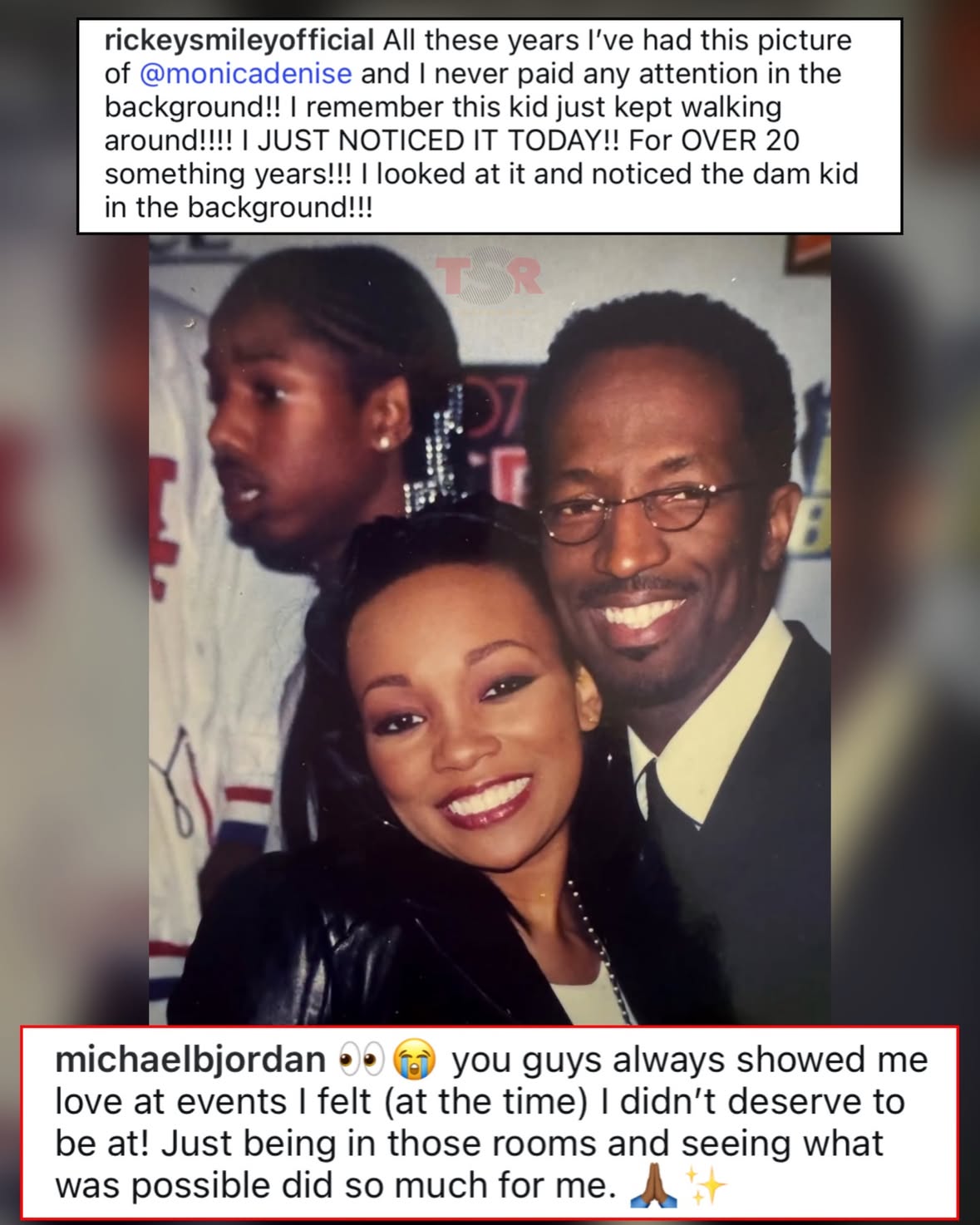 #TSRThrowbackz: Wow! 🥹 #RickeySmiley shared a throwback pic with #Monica and revealed he never realized #MichaelBJordan was in the background the whole time. 🤍 ✍🏾: #TSRStaffLG