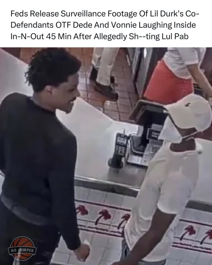 The Feds have released surveillance footage of #LilDurk’s co-defendants #OTFDede and #OTFVonnie laughing inside In-N-Out 45 min after #QuandoRondo’s cousin #LulPab was m-rdered. 👀

•@aintyoumalcom