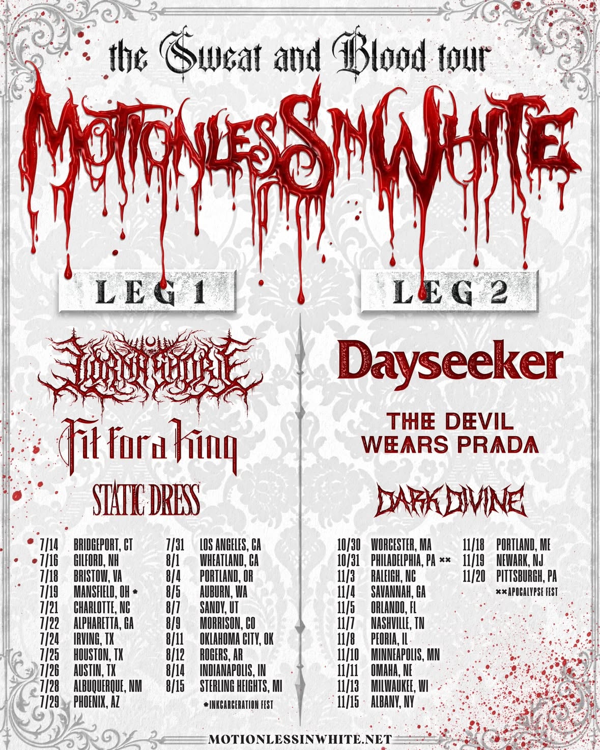 NEW TOUR DATES ANNOUNCEMENT!

Leg 2 of The Sweat And Blood Tour is happening this fall, including our biggest Apocalypse Fest yet. Join us, @dayseeker, @tdwpband, and @darkdivineofficial for a spooky good time.

Both legs will debut a brand new show, brand new songs, and bring in plenty of classic favorites. And oh yeah… we may be playing some REALLY old songs exclusively at Apocalypse Fest too. It is our 20-year anniversary after all 👀

Pre-sale begins today, June 2nd at 12pm ET / 11am CT, use code LOGINCRASHOUT.
General on-sale begins Friday, June 5th at 10am local time.

Tour poster made by @drummertomhane