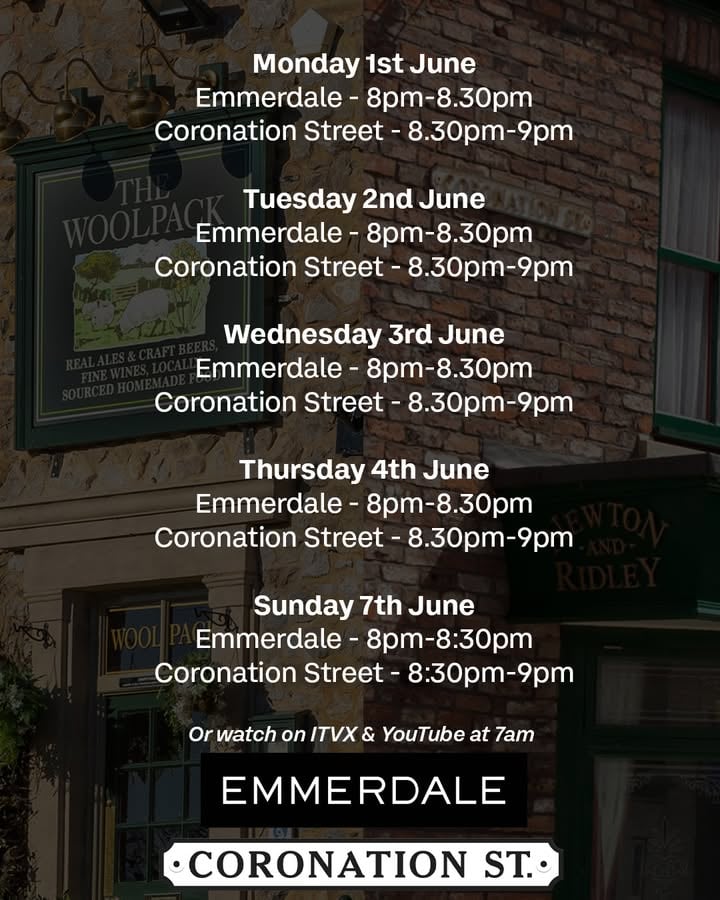 There may be a little disruption to your soap schedule over the next few weeks ⚽, but don't worry, we'll keep you informed on when and where to find us. Here is this week's schedule! (Remember, you can watch each episode from 7am on ITVX & YouTube!) 

#Corrie #Emmerdale #WorldCup