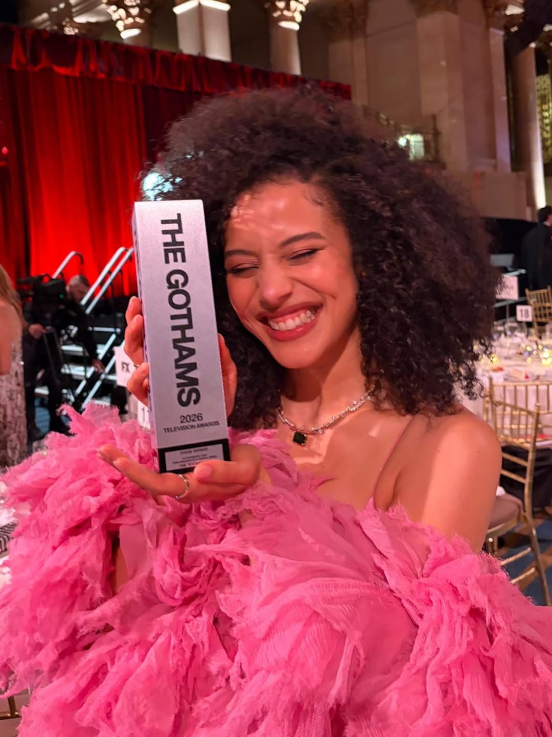 felt pretty in pink last night at the gotham awards 💞✨
thank you so much to @thegotham for this incredible honor! the testaments has touched so many lives including my own, and i feel incredibly grateful to tell this story with agnes/hannah :)

thank you once again @nicolasghesquiere for the most beautiful dress, and to @mejuri for the amazing jewelry🤍

hair - @coree.moreno 
makeup - @amberdmakeup 
styling - @waymanandmicah 
nails - @dannyblessedit