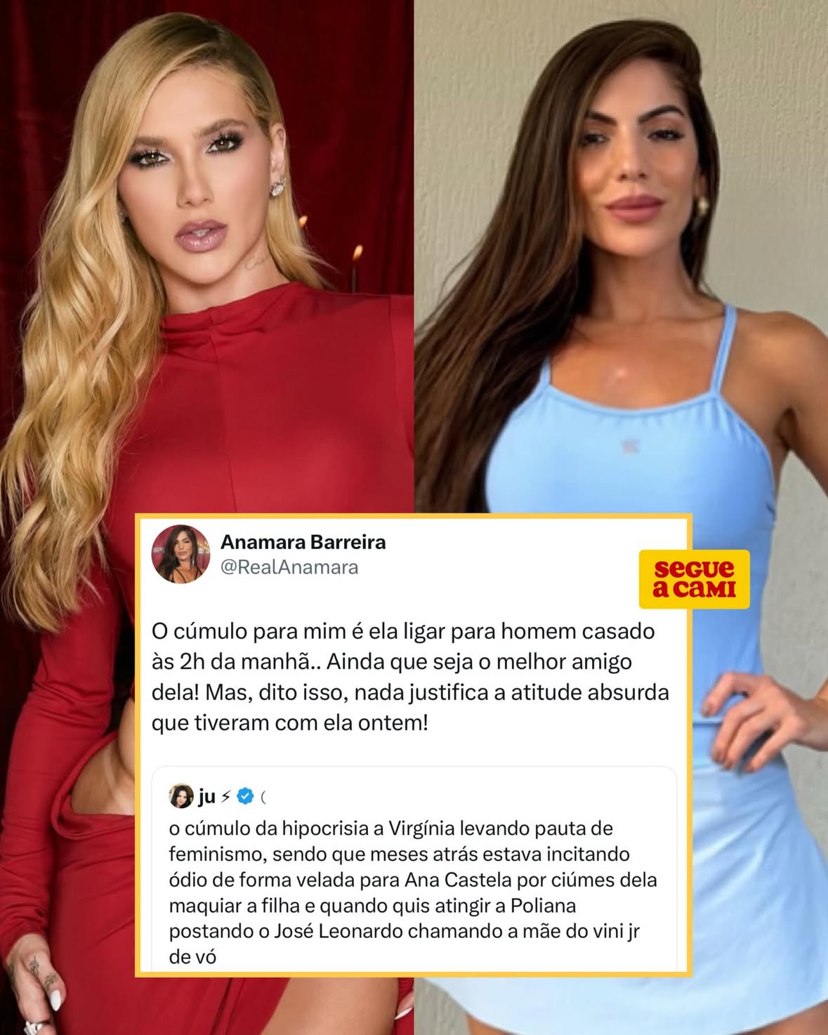 A ex-BBB Anamara opinou sobre Virgínia e relembrou o episódio em que a influenciadora teria ligado para Neymar Jr., mas afirmou que nada justifica o que ela sofreu no Maracanã ao ser xingada pelo público presente.

(reprodução/imagem: Instagram)