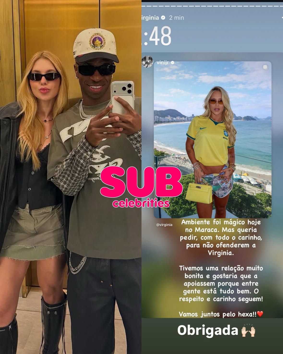 Falou sobre! @vinijr reagiu nos stories após @virginia ser xing*da por parte da torcida do Brasil durante o jogo de hoje no Maracanã. 

“Queria pedir, com todo o carinho, para não of*nderem a Virginia. Tivemos uma relação muito bonita e gostaria que a apoiassem porque entre gente está tudo bem. O respeito e carinho seguem”, escreveu ele.  Em seguida, a empresária republicou o post do jogador e fez um agradecimento.

(Reprodução: Instagram)