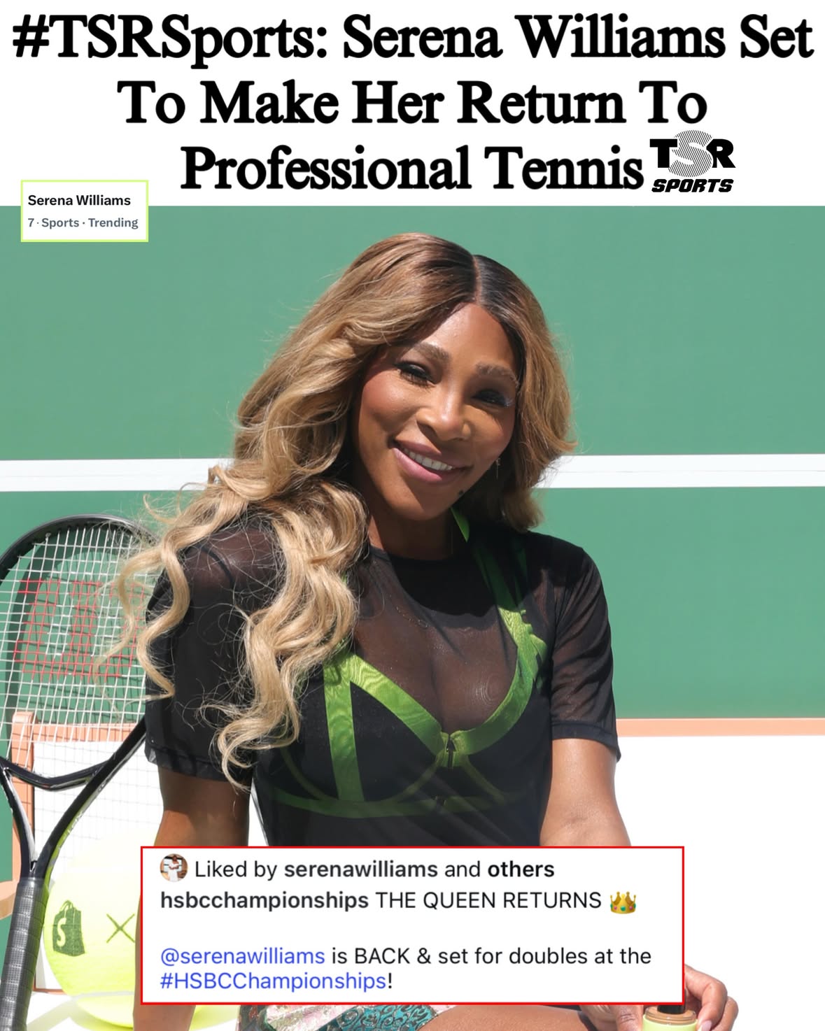 TSR STAFF: Jade Ashley @Jade_Ashley94 
____________________________________
#TSRSports: #SerenaWilliams is officially making a comeback to tennis. On Monday, it was announced that the tennis legend will be playing doubles at the HSBC Championships at Queen’s Club in London. 
____________________________________
According to @espn, Serena spoke about her return and said, “Queen’s Club feels like the perfect place to begin this next chapter. Grass has given me some of the most meaningful moments of my career, and I’m excited to be back competing on one of the sport’s most iconic stages.” 
____________________________________
This will be Serena’s first professional match since 2022, when she last competed at the U.S. Open. Serena took to social media to share the exciting news with a special Nike ad. (📸: @gettyimages) ✍🏾: #TSRStaffJW