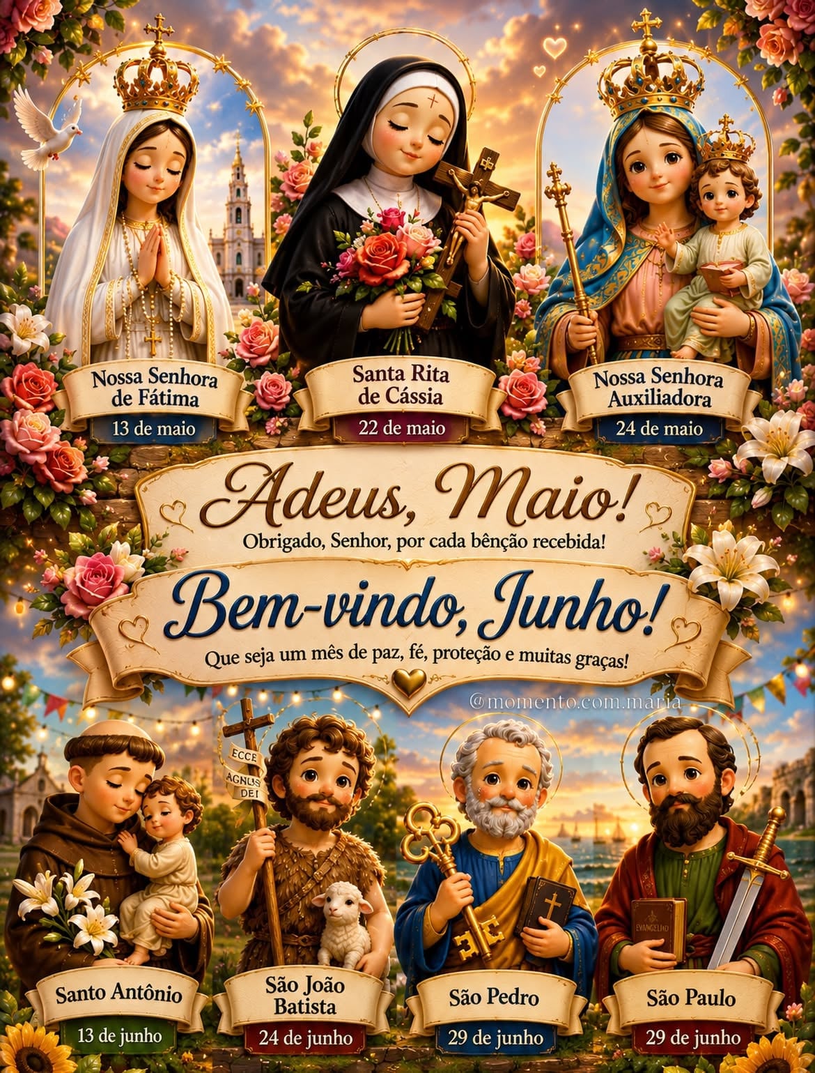 Adeus, maio. 🤍

Obrigada, Deus, por cada bênção recebida, por cada livramento, por cada aprendizado e por todo cuidado ao longo deste mês.

Que a intercessão de Nossa Senhora de Fátima, Santa Rita de Cássia, Nossa Senhora Auxiliadora, Santo Antônio, São João, São Pedro e São Paulo acompanhe nossos passos neste novo mês que se inicia.

Bem-vindo, junho! Que seja um mês de fé, esperança, proteção e muitas graças para todos nós. 🙏✨

#BemVindoJunho #Gratidão #Fé #DeusNoControle #NossaSenhora SantaRita SantoAntônio SãoJoão SãoPedro SãoPaulo