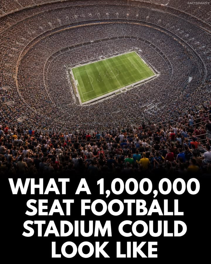 A football stadium with 1,000,000 seats would be unlike anything ever built.

The largest stadiums on Earth can hold around 100,000 spectators. A venue designed for 1,000,000 people would need enough space for an entire city’s population, along with massive transportation networks, food services, security systems, and infrastructure to support every event.

This visualization imagines what such a stadium might look like if future engineering pushed beyond today’s limits. From the endless seating tiers to the tiny pitch at the center, every angle is designed to showcase a scale that currently exists only in imagination.