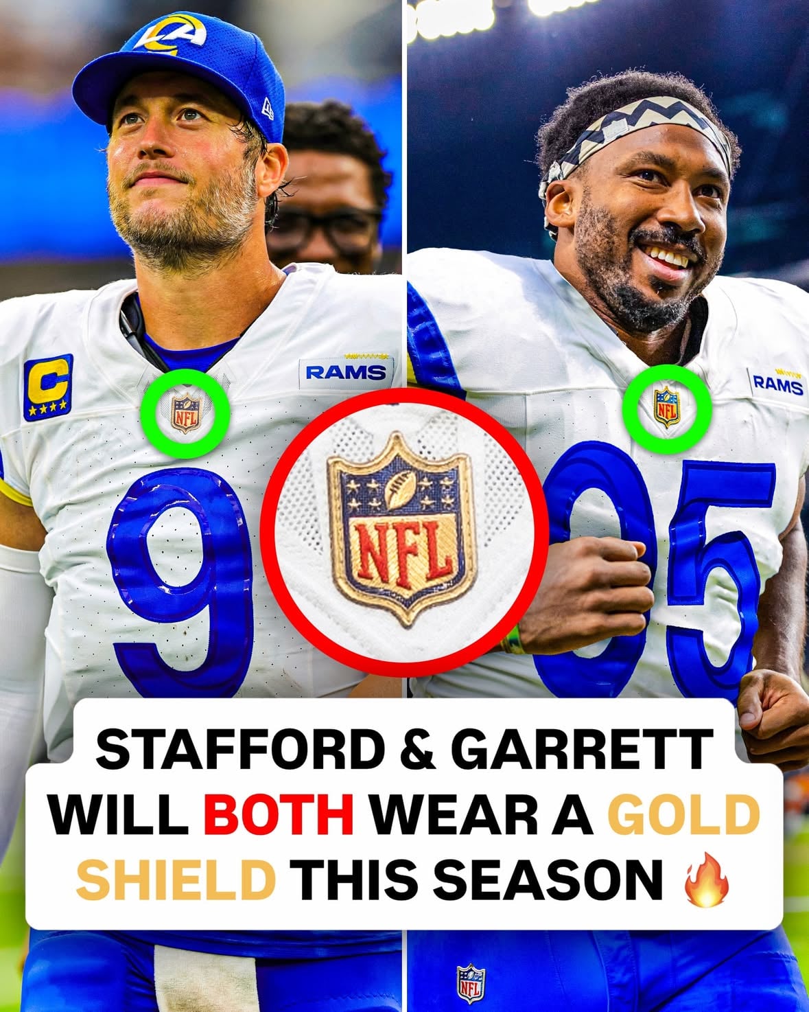 OFFICIAL: New Rams teammates Matthew Stafford & Myles Garrett will BOTH wear a Gold NFL Shield on their jersey in the 2026 season 🔥

Stafford (MVP) & Garrett (DPOY) will join the reigning OPOY, OROY, and DROY as the only players to wear the Gold Shield next season.

Select game-used patches will be placed into ultra-rare trading cards 👀
