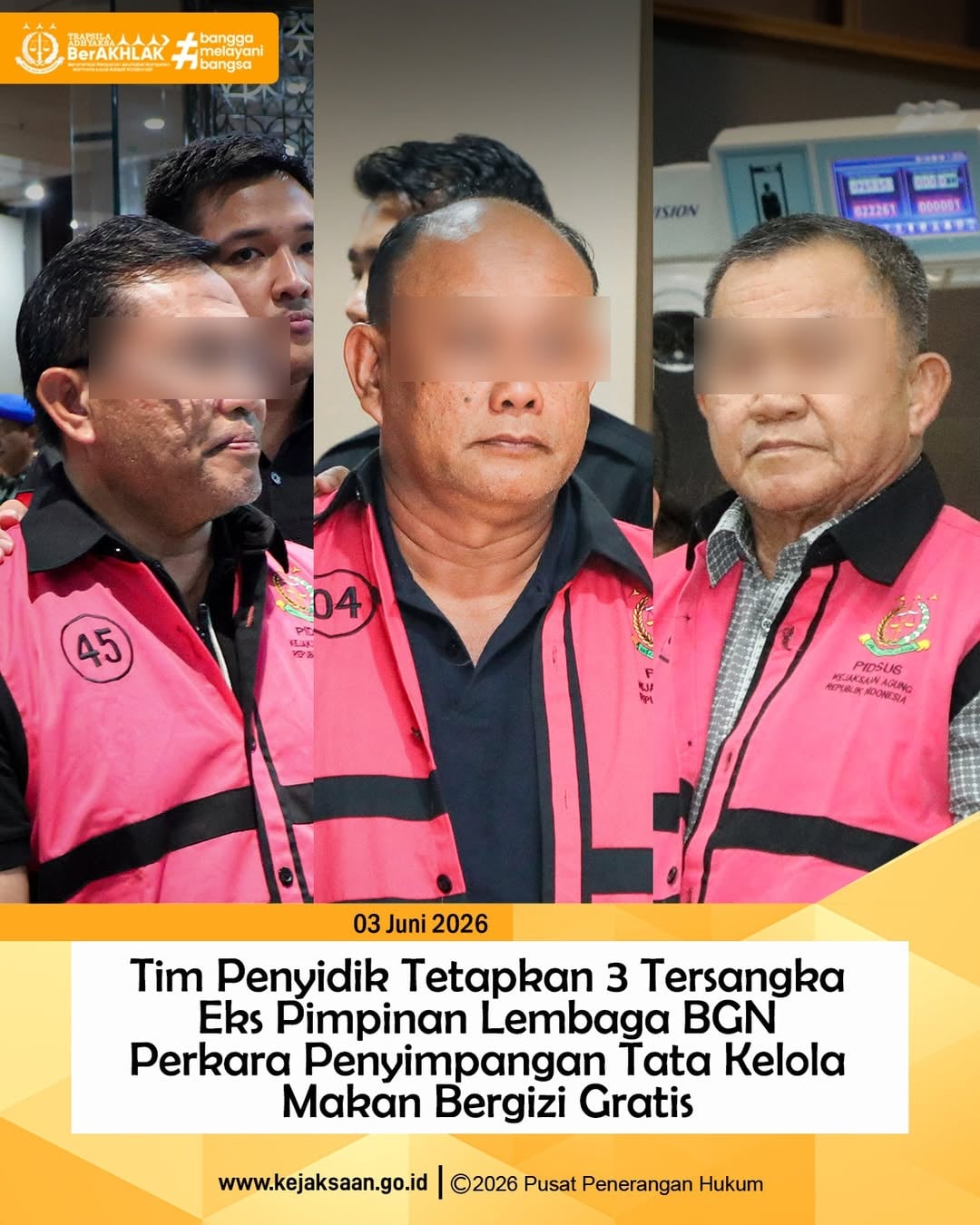 Rabu 3 Juni 2026, Tim Penyidik pada Jaksa Agung Muda Bidang Tindak Pidana Khusus (JAM PIDSUS) menetapkan dan melakukan penahanan terhadap 3 (tiga) orang tersangka dalam perkara dugaan tindak pidana korupsi tata kelola program Makan Bergizi Gratis (MBG) pada Badan Gizi Nasional Tahun 2025 s.d. Tahun 2026.

Terhadap Tersangka DH, Tersangka SS dan Tersangka LP dilakukan penahanan selama 20 (dua puluh) hari ke depan di Rutan Salemba Cabang Kejaksaan Agung dan di Rutan Salemba Cabang Kejaksaan Negeri Jakarta Selatan.

Simak Berita selengkapnya www.kejaksaan.go.id
#KejaksaanRI #JaksaAgung #TrapsilaAdhyaksaBerakhlak #JaksaProfesional #JAMPidsusKejaksaanAgung