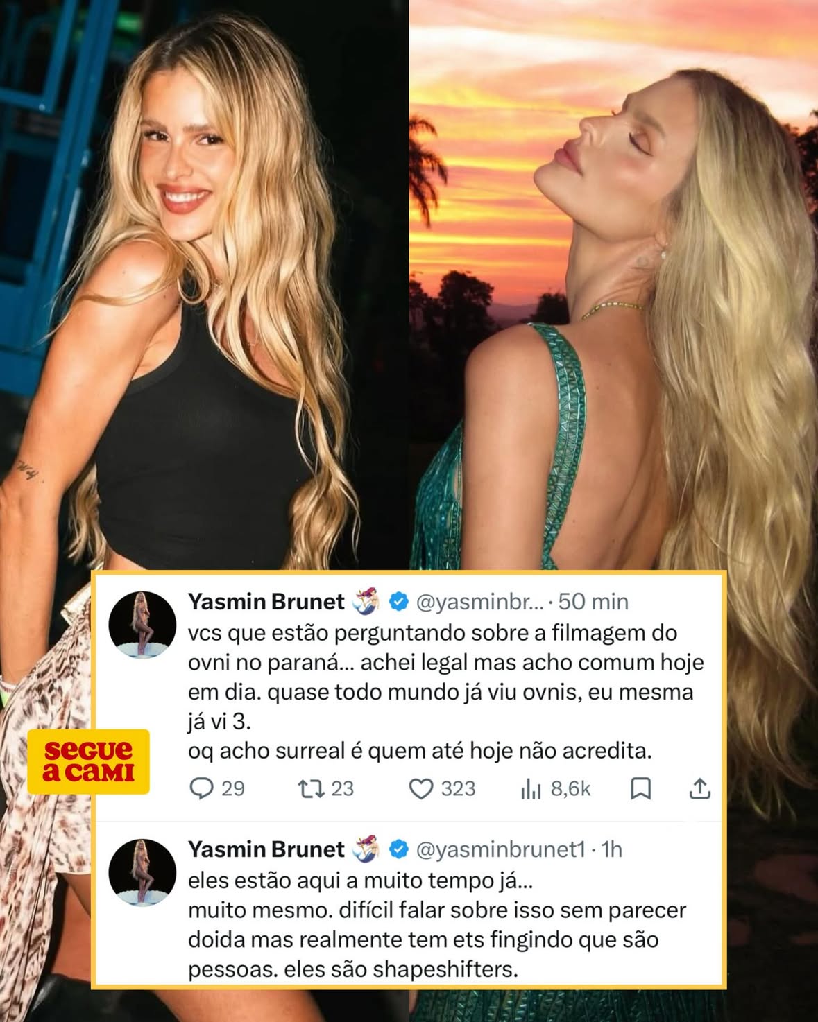 @yasminbrunet comentou sobre um vídeo que viralizou nas redes sociais. As imagens foram divulgadas pelo influenciador Mayk Leão, que afirmou ter registrado sons e sinais incomuns em uma propriedade localizada em Campo Largo, no Paraná. Yasmin afirmou acreditar na presença de extraterrestres entre os humanos. “Eles estão aqui há muito tempo já... muito mesmo. Difícil falar sobre isso sem parecer doida, mas realmente tem ETs fingindo que são pessoas. Eles são shapeshifters”. 

(reprodução/imagem: Instagram)
