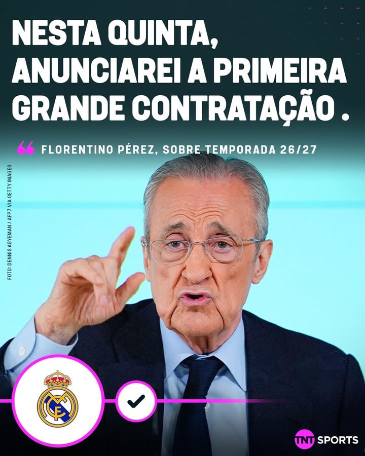 VEM AÍ, REFORÇO NOVO NO REAL MADRID!... 👀🏳️ O presidente do clube merengue, Florentino Pérez, revelou que anunciará uma "GRANDE CONTRATAÇÃO" nesta quinta-feira (04/06). Quem será anunciado, hein? 🤔💭 #MFM