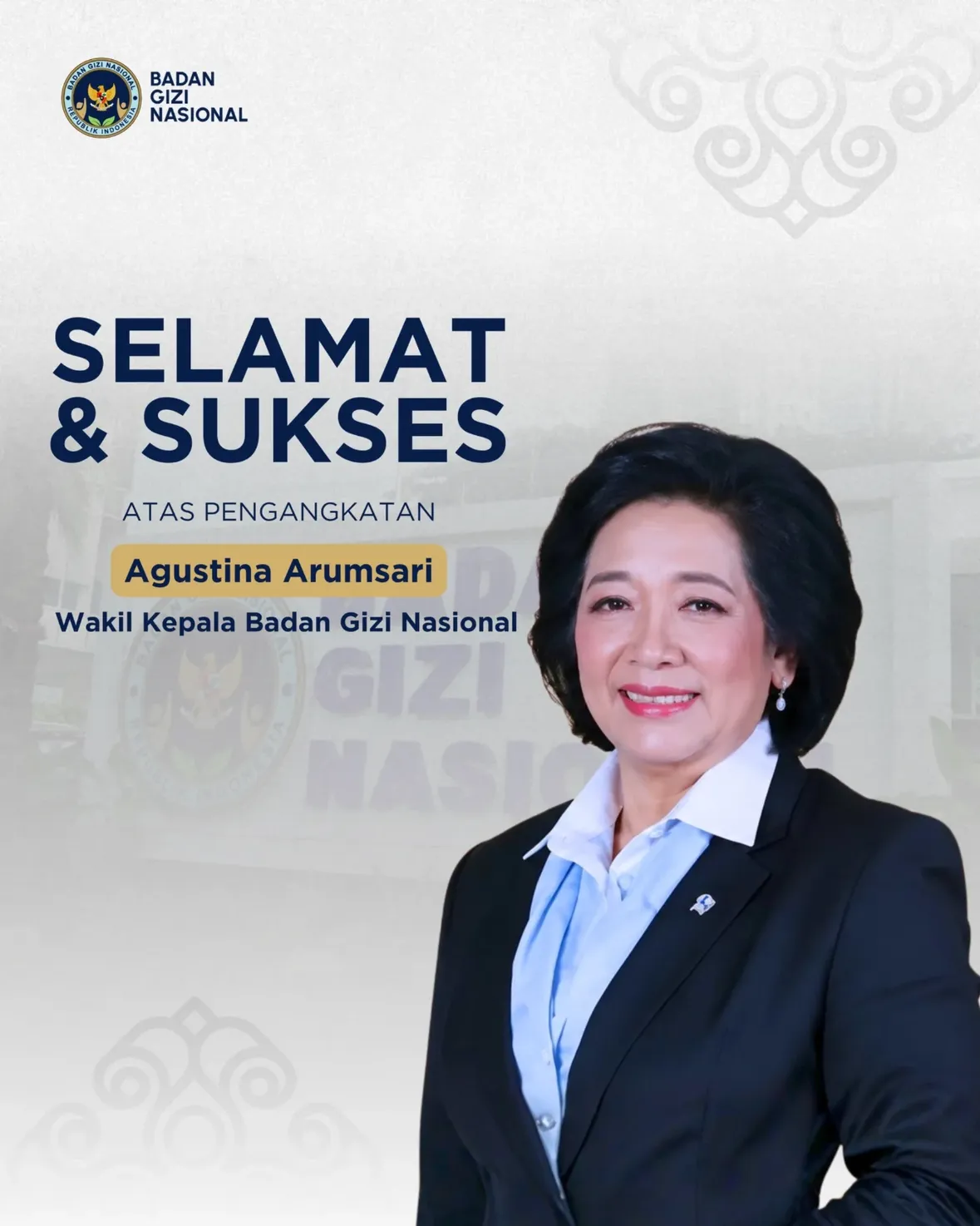 Segenap Keluarga Besar Badan Gizi Nasional mengucapkan selamat dan sukses kepada Ibu Agustina Arumsari dan Bapak Mayjen TNI Trenggono atas amanah baru yang dipercayakan.

Selamat mengemban tugas dan tanggung jawab baru dalam pengabdian kepada bangsa dan negara. Semoga senantiasa diberikan kesehatan, kekuatan, kebijaksanaan, serta kelancaran dalam menjalankan setiap amanah demi kemajuan Indonesia.

#BadanGiziNasionalRI
#MakanBergiziGratis
#GenerasiEmas2045
#GiziSehatuntukIndonesia