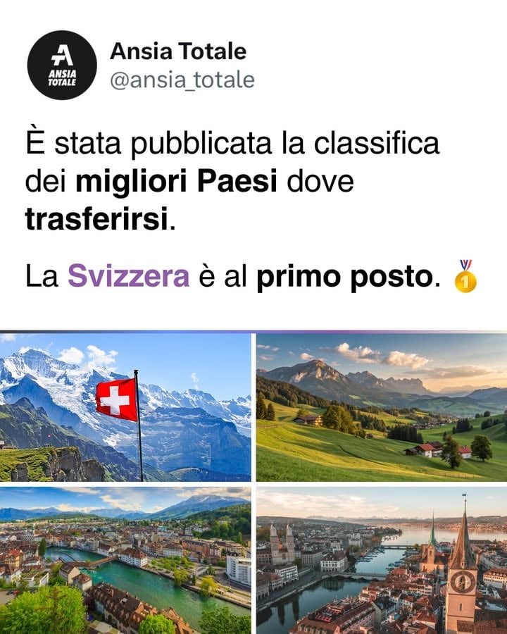 Il nuovo Immigration Index 2026 ha incoronato la Svizzera come il miglior Paese in cui trasferirsi, superando l’Islanda, che nel 2025 occupava il primo posto della classifica. 🇨🇭

La graduatoria ha analizzato 82 Paesi, assegnando a ciascuno un punteggio da 0 a 100 sulla base di 34 indicatori, tra cui costo della vita, felicità, stipendi, sicurezza, istruzione, potere d’acquisto, sistema sanitario e qualità dei servizi pubblici. 📈

Tra gli aspetti che distinguono la Svizzera, rientrano “l’eccezionale potenziale di guadagno, il buon accesso all’assistenza sanitaria, gli elevati standard di sicurezza e le ottime prospettive economiche”. A contribuire al suo primato sono anche la forte presenza di comunità internazionali, le infrastrutture efficienti e l’elevata qualità dei servizi.

Che ne pensate? 🤔