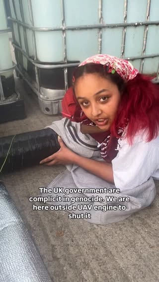 BREAKING: Action takers from People Against Genocide remain locked on, blocking both gates to Elbit's UAV Engines factory in Shenstone, Staffordshire.

For Palestine, they're halting the production of engines used to power Israel's killer drone fleet.