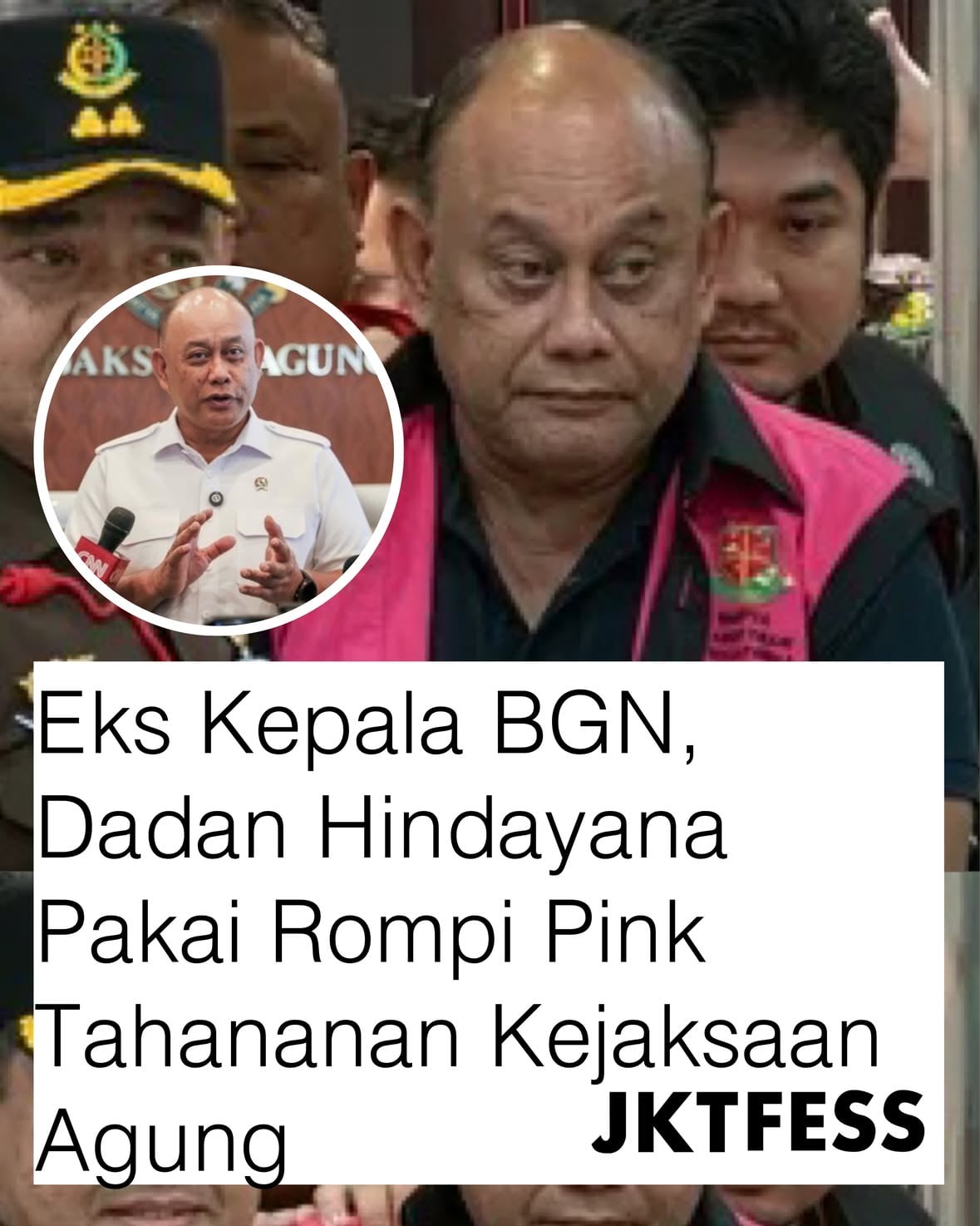 Mantan Kepala Badan Gizi Nasional, Dadan Hindayana, terlihat mengenakan rompi tahanan berwarna pink milik Kejaksaan Agung saat keluar dari Gedung Kejagung, Jakarta, pada Rabu (3/6/2026) sekitar pukul 17.10 WIB. Dadan tampak tertunduk dan langsung menuju mobil tahanan tanpa memberikan keterangan kepada awak media. 

Sebelumnya, Kejagung melakukan penggeledahan di kantor Badan Gizi Nasional (BGN) di kawasan Kebon Sirih, Jakarta Pusat. Dadan bersama dua mantan wakil kepala BGN, yakni Lodewyk Pusung dan Sonny Sonjaya, juga dikabarkan dijemput penyidik untuk menjalani pemeriksaan terkait kasus yang sedang diusut. 

Kasus ini mencuat sehari setelah Presiden melakukan pergantian pimpinan BGN. Sejumlah pihak menyebut pencopotan Dadan diduga berkaitan dengan dugaan penyimpangan dalam pengelolaan program Satuan Pelayanan Pemenuhan Gizi (SPPG) atau dapur Makan Bergizi Gratis. Hingga kini, Kejagung masih mendalami perkara tersebut dan telah menetapkan Dadan serta dua mantan wakil kepala BGN sebagai tersangka. 

(CNN)