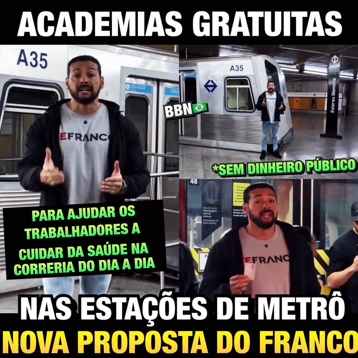🔴ACADEMIAS NAS ESTAÇÕES DE METRÔ DE SÃO PAULO ?
.
👉🏻Nova proposta de projeto idealizado pelo deputado estadual @fefrancooficial para ajudar os trabalhadores na correria do dia a dia, a cuidarem da saúde no trajeto de volta para casa
.
(ARRASTE PARA O LADO E ENTENDA) 
.
✅No vídeo @fefrancooficial explica detalhes sobre o projeto, e na legenda da postagem fala de forma ainda mais detalhada (arraste para o lado), deixando claro que a iniciativa não visa usar dinheiro público, mas conseguir investimento privado em troca de publicidade e exposição das marcas nas academias 
.
.
🔥Comentem suas opiniões