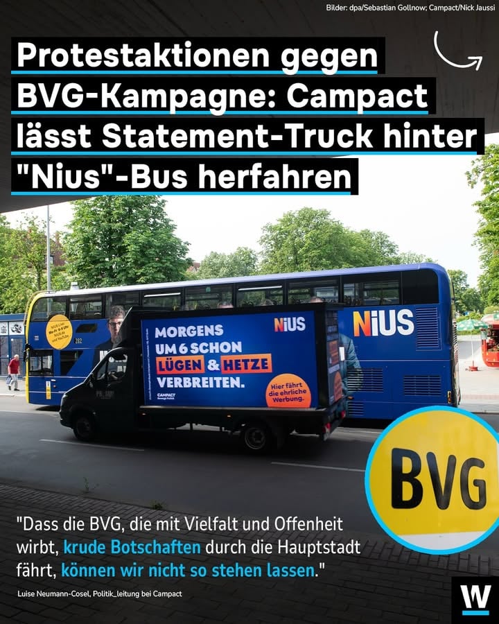 Nach einer Petition, die über 130.000 Menschen unterschrieben haben, hat die Kampagnen-Organisation Campact nun eine weitere Aktion gegen die "Nius"-Werbung bei der BVG gestartet. Zuvor waren Bilder eines BVG-Busses mit großflächiger "Nius"-Werbung inklusive des reißerischen und "Tagesschau"-kritischen Slogans "Morgens um 6 schon wissen, was abends um 8 verschwiegen wird" aufgetaucht. Darauf reagiert Campact mit einem LED-Truck, der den BVG-Bus begleitet. Darauf ist zu lesen: “Morgens um 6 schon Lügen & Hetze verbreiten”.

Politik-Leiterin von Campact, Luise Neumann-Cosel, erklärt hierzu: "Mit seiner Werbekampagne versucht 'Nius' sich verzweifelt als seriöses Medium zu verkaufen. Dabei verbreitet das Portal Fake News, Verschwörungstheorien und Hetze. Das zeigen wir mit unserer ehrlichen Werbung." Dass die BVG, die mit Vielfalt und Offenheit werbe, krude Botschaften durch die Hauptstadt fahre, könne so nicht stehen gelassen werden.

Das Edelweiss Netzwerk wiederum hat aus Protest jetzt Plakate auf Stromkästen und in Berliner U-Bahnen angebracht. Auch sie greifen den "Nius"-Slogan auf und wandeln ihn unter anderem um in: "Morgens um 6 schon wissen, wie 1933 alles anfing".

Weitere Slogans spielen auf die hohen Verluste an, die das rechte Portal von Ex-"Bild"-Chefredakteur Julian Reichelt macht. Aus dem kürzlich erschienenen Jahresabschluss ging hervor, dass "Nius" allein 2024 insgesamt 16,2 Millionen Euro Verlust machte. Was "Nius" letztlich über Wasser hält, ist sein Finanzier Frank Gotthardt, Gründer des Software-Unternehmens CompuGroup Medical. Bis Ende 2024 steckte er insgesamt 37,4 Millionen Euro in das Unternehmen. Laut Angaben aus seinem Umfeld, die "t-online" zitiert, ist die Summe inzwischen auf über 50 Millionen Euro gewachsen.

#Protest #Presse #Journalismus #Berlin