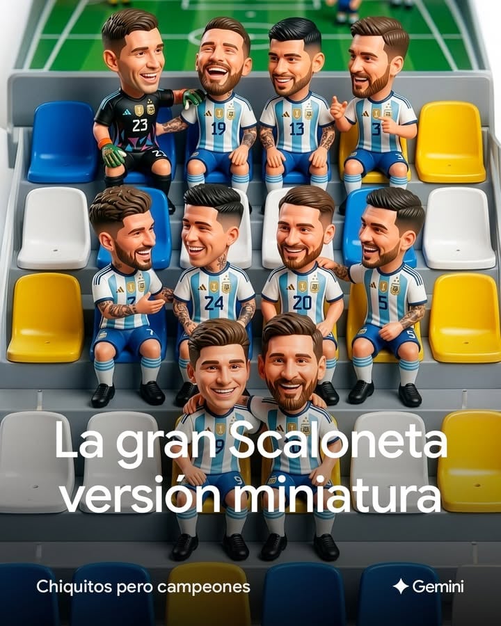Convierte a tu ídolo en una pieza coleccionable.
Porque este equipo es más que una leyenda, plasma toda su esencia en figuras de colección, que a su vez, coleccionan goles rumbo a la defensa de su campeonato. 

Usá este prompt en Gemini: Genera una fotografía de estudio hiperrealista de una figura coleccionable en miniatura personalizada. La foto de referencia es la fuente absoluta de la realidad, así que conserva los rasgos faciales, el tono de piel, el pelo y los accesorios con precisión forense. Reglas: (1) El nombre del muñeco es {INSERTA AQUÍ TU NOMBRE}, que debe aparecer grabado en blanco en la base de dos capas. (2) Mantén una fidelidad total a la identidad de la persona de la foto, sin homogeneizar los rasgos. (3) Conserva el pelo exactamente como en la referencia. (4) Nunca añadas vello facial que no exista en la foto. (5) Si la persona lleva gafas, gorra o pendientes en la foto, mantén esos accesorios; si no los lleva, no añadas ninguno. (6) Viste el muñeco con el uniforme oficial de la AFA camiseta azul y blanco, pantalones cortos azules y calcetines blancos. (7) El estilo del muñeco debe ser el clásico muñeco cabezón deportivo, no Pop. (8) El cuello debe ser corto y grueso, sin resorte ni espiral. (9) Coloca el muñeco con uno de los pies apoyado sobre un balón de fútbol que se encuentra en la base. (10) La superficie de la base debe ser de césped mate, sin reflejos. (11) El fondo debe mostrar un estadio de fútbol desenfocado a la hora dorada (golden hour). Formato: vertical 4:5.
