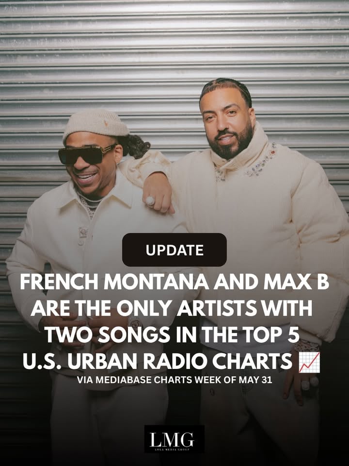 Another milestone moment for an independent campaign!! 

French Montana and Max B remain the only hip-hop artists with two songs currently sitting in Urban Radio’s Top 5 in the U.S. with “Ever Since U Left Me” and “Minks In Miami” ft. Rick Ross, while simultaneously launching their latest singles “Smoking pt 2” and “Go Ladies” Congratulations to the artists, teams, and partners supporting this incredible run. 📈🔥