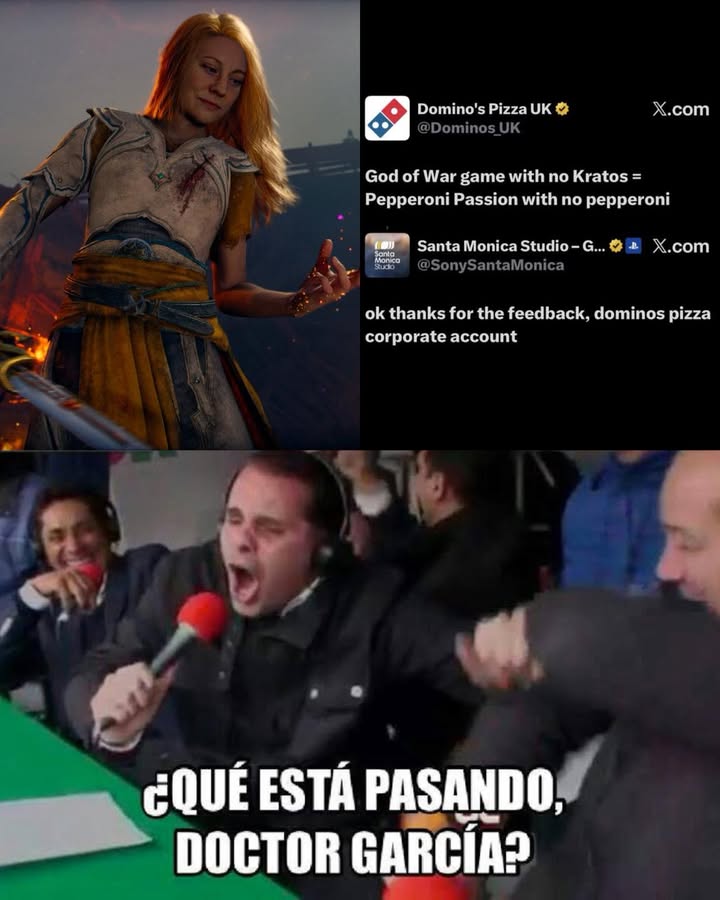 SE ESTÁN PELEANDO 😳 Por alguna razón, la cuenta de #DominosPizza del Reino Unido atacó a #GodOfWar Laufey y tuiteó que ‘Un juego de GOW sin Kratos es como ‘una pizza de pepperoni sin pepperoni’. La cuenta de #SantaMonica les respondió con un simple ‘Gracias por la retroalimentación cuenta corporativa’.