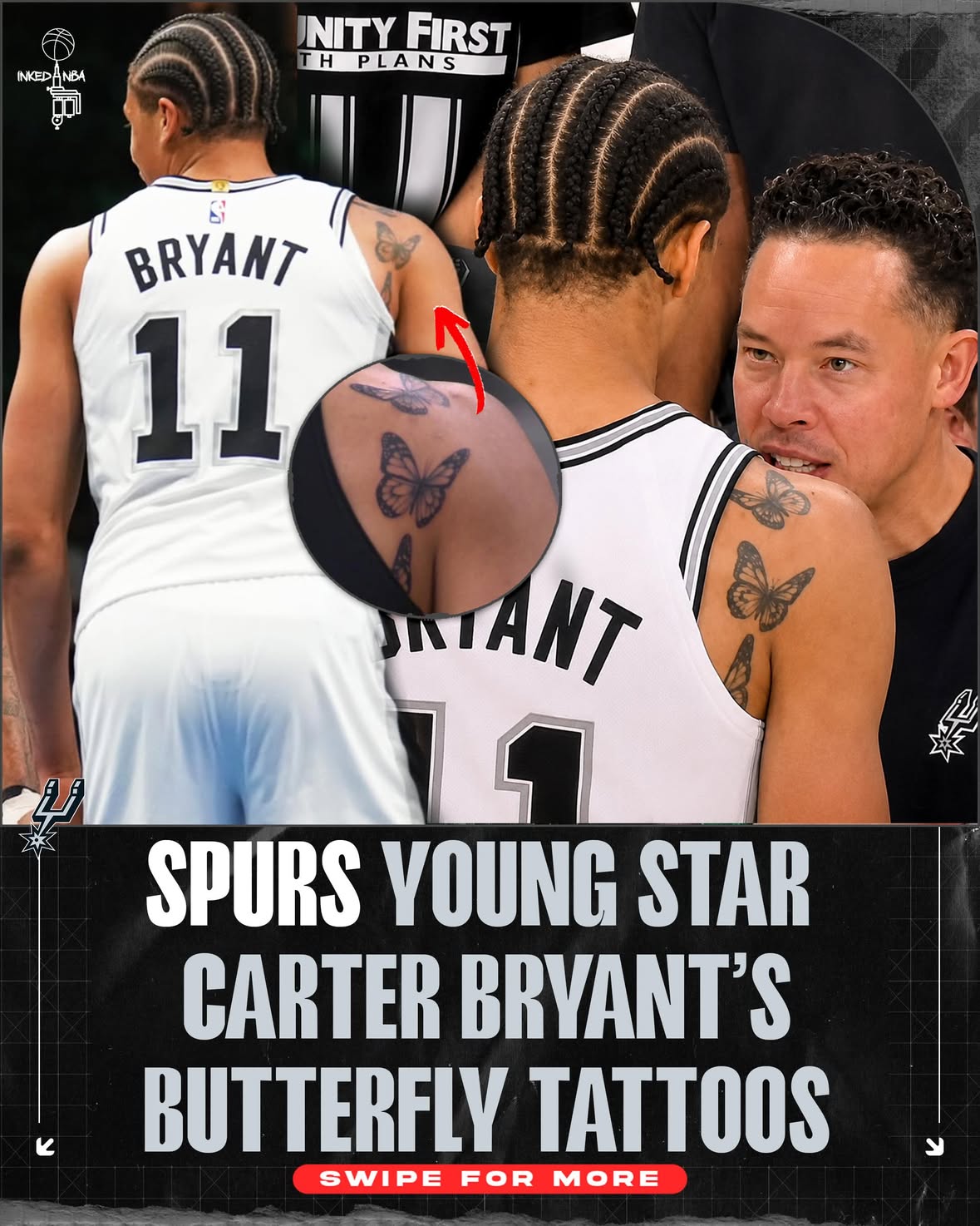 🦋 @carterdbryant and the spurs are headed to the NBA finals! Bryant’s butterfly tattoo went viral when the video of his coach yelling at him hit the internet. Carter explained the tattoo saying it represents his siblings. What’re your thoughts?