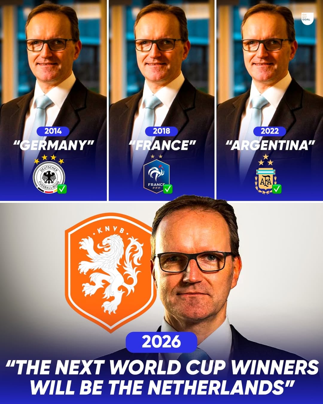 THE 2026 WORLD CUP WINNER HAS BEEN PREDICTED

German mathematician Joachim Klement—who correctly predicted the last 3 World Cup champions using his own data system—has revealed his winner for the next tournament: THE NETHERLANDS.

His scientific model (which factors in GDP, population size, football culture, and FIFA rankings) predicts a wild tournament run:

The Big Shock: Brazil gets knocked out by Japan in the Round of 32! 🇯🇵👋
South America: Argentina will be the only team to reach the quarter-finals, where they will fall to Cristiano Ronaldo’s Portugal. 🇦🇷🇵🇹
The Grand Final: The Netherlands vs. Portugal.

Do you think the math will get it right again, or are we looking at the blunder of the century?