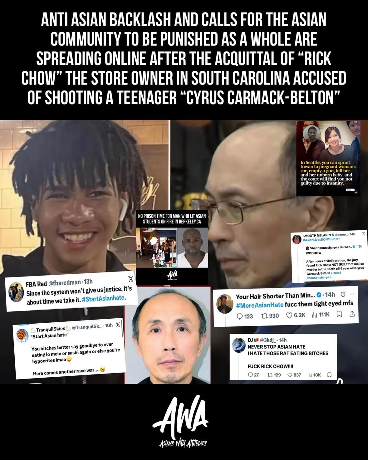 Anti Asian backlash and calls for Asian businesses and neighborhoods to be burned down or boycotted after the wrong actions of one man are now spreading online after Rick Chow a store owner in South Carolina was found not guilty in the k*lling of Cyrus Carmack- Belton