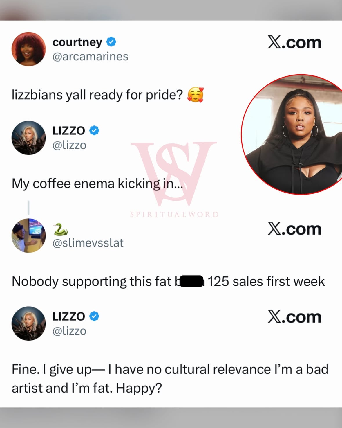 #Lizzo had jokes after a social media user claimed nobody was supporting her new era and predicted she’d only sell “125” copies in her first week. 👀

After another user asked if her fans were ready for Pride Month, Lizzo jokingly replied that her “coffee enema” was kicking in before responding to the criticism with some sarcasm of her own.

“Fine. I give up. I have no cultural relevance. I’m a bad artist and I’m fat. Happy?” she wrote.