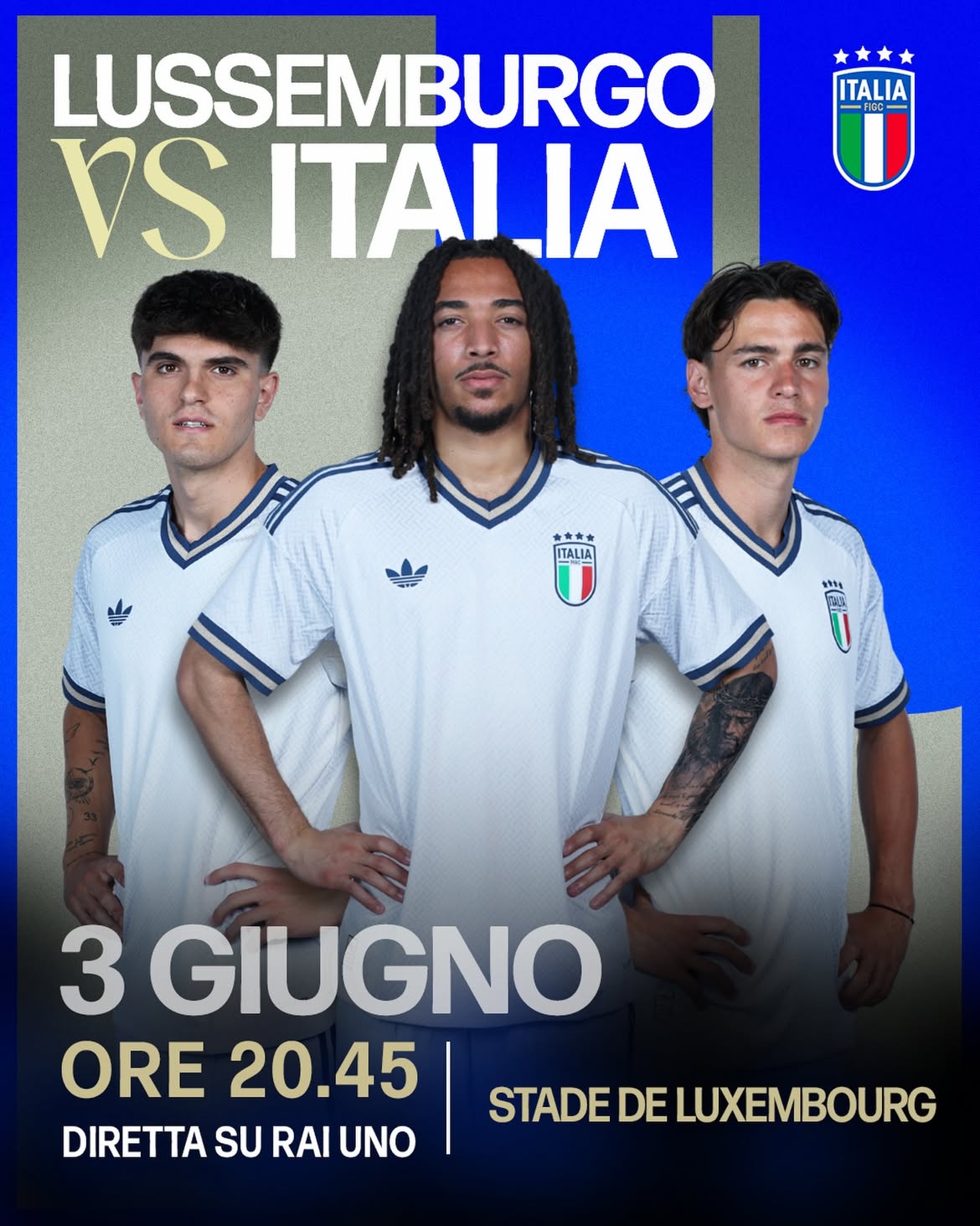 𝐴𝑚𝑖𝑐𝘩𝑒𝑣𝑜𝑙𝑒 

🇱🇺 LUSSEMBURGO 🆚 ITALIA 🇮🇹
⏰ Ore 20.45
🏟️ Stade de Luxembourg
📺 #RaiUno

#LussemburgoItalia
#Nazionale #Azzurri #VivoAzzurro