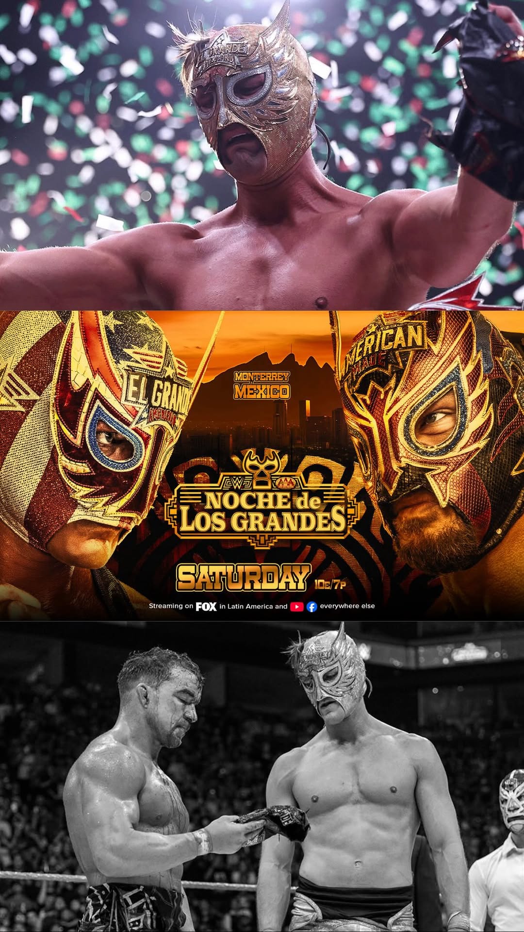 Following a loss to Penta in his WWE debut match h on the January 13, 2025 episode of Raw, Chad Gable began a storyline centered around lucha libre. Over the following months, Gable embarked on a self proclaimed journey to learn the traditions of Mexican wrestling, eventually debuting under the masked persona of El Grande Americano. The character repeatedly denied being Chad Gable despite obvious similarities, creating one of WWE’s most unique and controversial gimmicks of the year.

On June 7, Americano challenged El Hijo del Vikingo for the AAA Mega Championship at Worlds Collide but lost. Later that same night, he competed in the Men’s Money in the Bank Ladder Match. Shortly afterward, Chad Gable suffered a legitimate shoulder injury, forcing him off television. With Gable sidelined, Ludwig Kaiser assumed the role of El Grande Americano.

Beginning in July 2025, Kaiser continued portraying El Grande Americano in AAA, including a challenge for the AAA Mega Championship at Triplemanía XXXIII. While maintaining his villainous personality in the United States, Americano gradually became a fan favorite in Mexico. His ability to embrace the culture, connect with audiences, and speak fluent Spanish earned widespread praise from AAA fans. During this period, Pete Dunne and Tyler Bate joined him as Rayo Americano and Bravo Americano, forming the trio known as Los Americanos.

At the 2026 Royal Rumble, Gable returned as “The Original” Grande Americano and started a feud with Ludwig’s Americano. After months of build up including OG disrespecting not only Grande himself, but his girlfriend, Andrea Bazarte and the AAA fanbase, the endgame came when a Máscara contra Máscara match was officially announced for Noche de Los Grandes.

El Grande Americano defeated “The Original” El Grande Americano in the highly, critically acclaimed Lucha de Apuestas match. Chad Gable honored the stipulation and removed his mask. Joined by his family, Gable addressed the audience as he showed genuine appreciation and respect for the traditions, culture, and history of lucha libre. 🎭🇲🇽❤️

• ALLSTAR = 15% OFF YOUR NEXT PURCHASE FROM @3fallsbrand ‼️

#wwe #aew #njpw #prowrestling #ajstyles