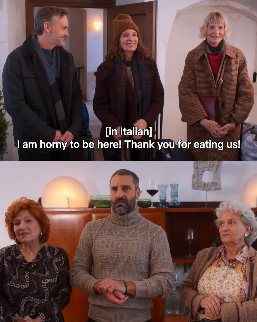 Turns out this is not a traditional Italian greeting.

📺: THE FOUR SEASONS S2