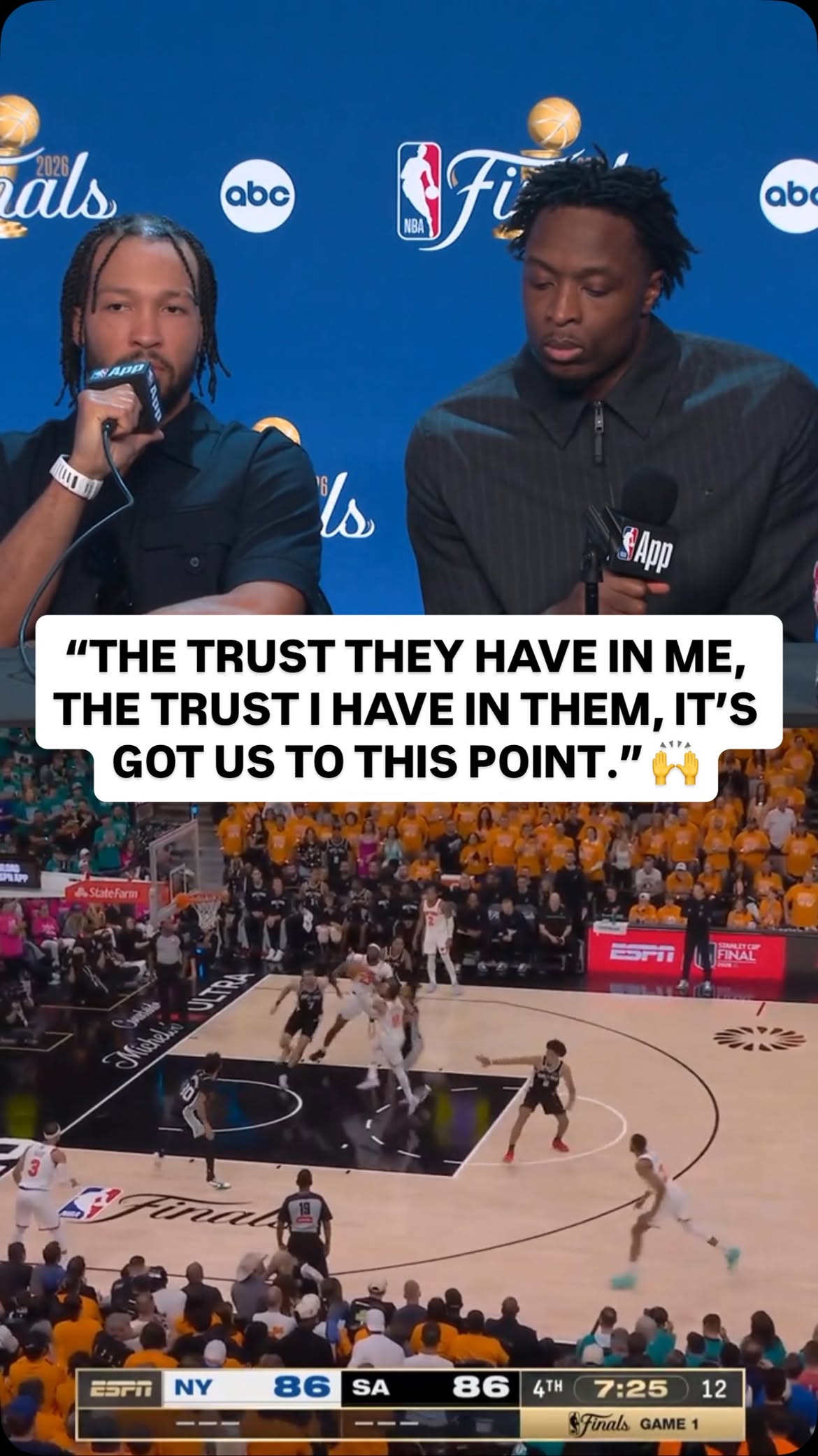 @jalenbrunson1 on his teammates believing in him to take clutch shots in crunch time! 👏 NYK (1-0) SAS NBA Finals Game 2: Friday, 6/5 at 8:30pm/et on ABC