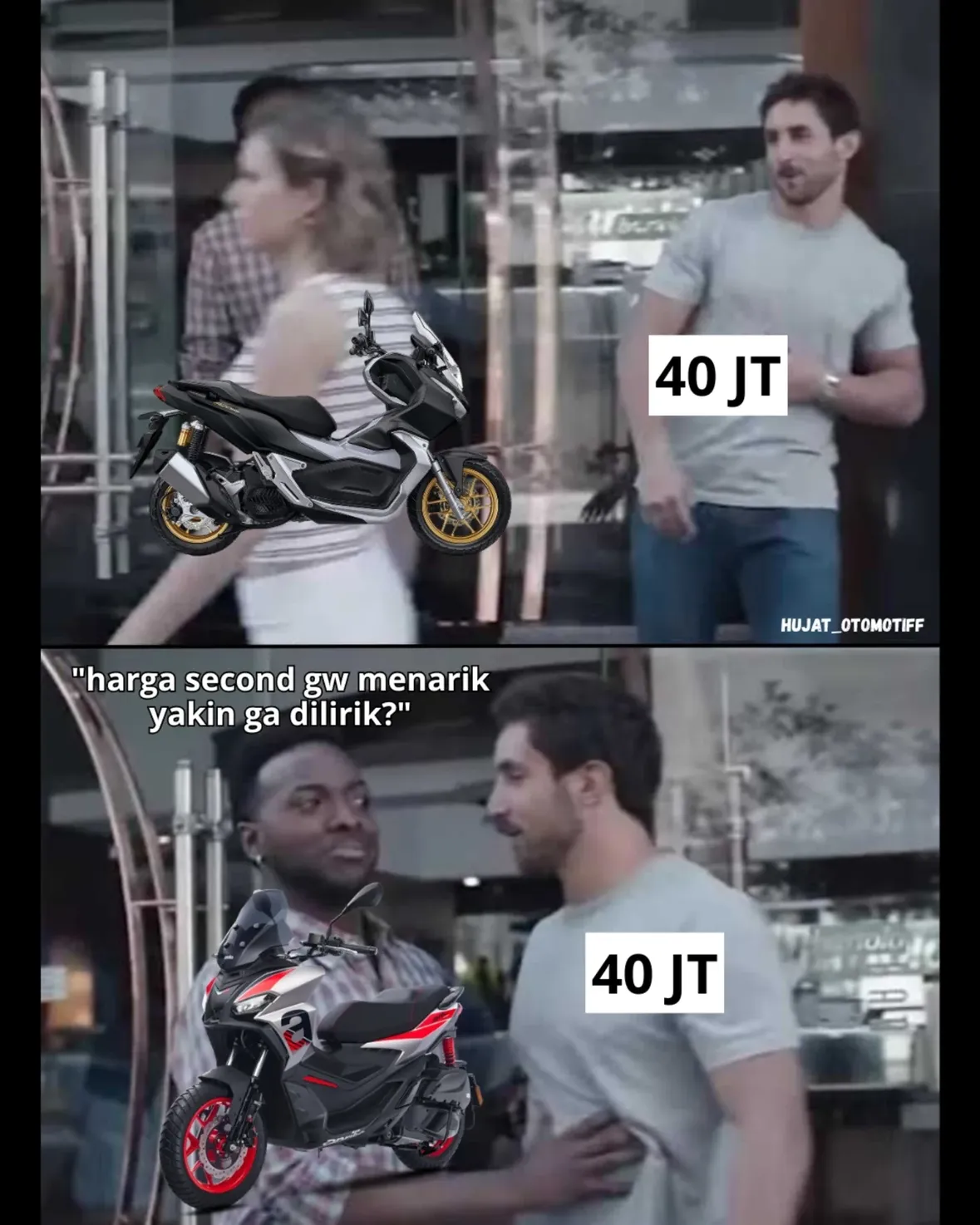 sama sama matic adventure
sama sama 40 jutaan
kalian pilih mana? 🤔

bedanya yang satu dapet motor baru, yang satu second tahun muda  tapi CC lebih gede (160 VS 200)

aprilia menarik yaa.  harga baru 60an secondnya udah 40an 🤤