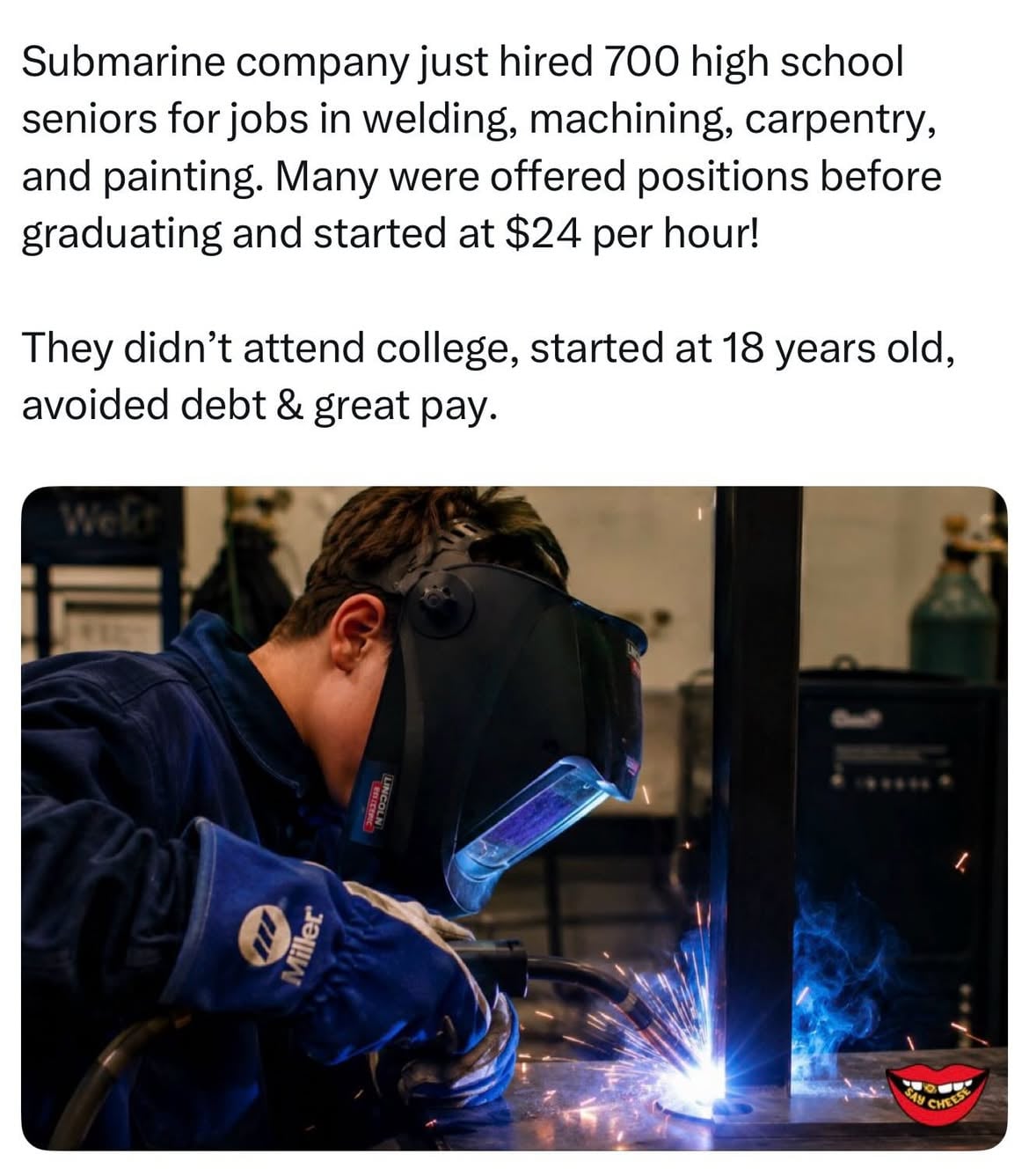 Electric Boat just￼ hired about 700 high school seniors for jobs in welding, machining, carpentry, and painting. Many were offered positions before graduating and started around $24 per hour. 🙏🏾🔥