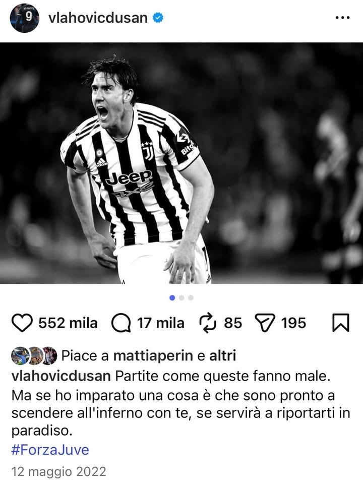 Caro Dusan Vlahovic… La storia della Juventus insegna che i veri campioni si vedono nei momenti di sacrificio e rispetto per il club, non di certo con i rinnovi al rialzo. Dopo che la società ha sborsato quasi 150 milioni di euro in quattro anni, le parole sui social non bastano a fare un leader, sono solo chiacchiere. Leggende come Del Piero, Buffon, Nedved e Trezeguet hanno dimostrato cosa significhi amare davvero questi colori, guidando il club dall’inferno alla gloria. Il vero salto ‘dall’inferno al paradiso’ si guadagna con la fedeltà e l’attaccamento alla maglia, non di certo pretendendo ingaggi fuori mercato. I calciatori passano, ma la gloria di chi ha scelto davvero la Juve resta eterna. #finoallafine 

#vlahovic #juventus #forzajuventus #addio