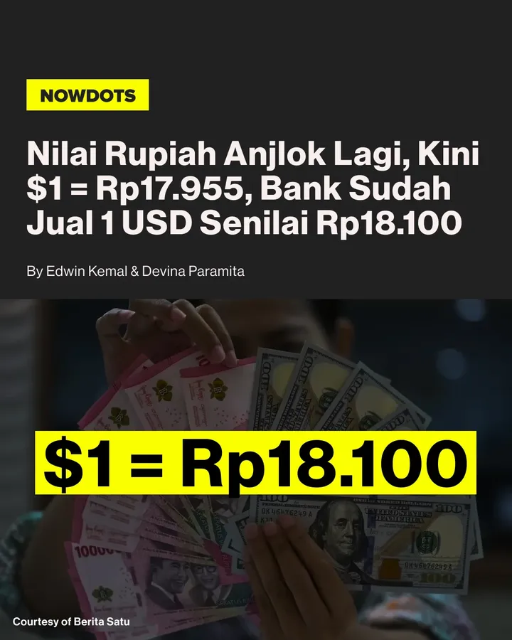 Nilai tukar rupiah kembali tertekan terhadap dolar Amerika Serikat (AS). Pada perdagangan Rabu (3/6/2026), kurs rupiah sempat melemah hingga berada di kisaran Rp17.925 per dolar AS, sementara data pasar menunjukkan nilai tukar mencapai Rp17.955 per dolar AS. Pelemahan ini membuat sejumlah bank nasional dan asing mulai menaikkan kurs jual dolar mendekati bahkan menembus level Rp18.000, menandakan tingginya permintaan serta tekanan terhadap mata uang Garuda.

Beberapa bank tercatat telah menjual dolar AS di atas Rp18.000 per dolar. HSBC Indonesia memasang kurs jual bank notes hingga Rp18.185 dan transfer rate Rp18.110 per dolar AS, sementara SMBC Indonesia menjual dolar di level Rp18.100. Di sisi lain, bank-bank besar seperti BCA, Mandiri, BNI, dan CIMB Niaga masih menawarkan kurs jual di kisaran Rp17.900-an. Selisih kurs beli dan jual yang semakin lebar menjadi perhatian bagi masyarakat maupun pelaku usaha yang bertransaksi menggunakan mata uang asing di tengah pelemahan rupiah yang berlanjut.

-
#nowdots