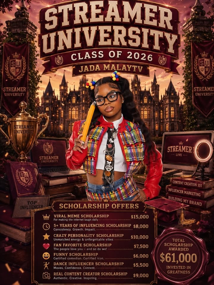 Now yall know Jada Malay gotta be there this year‼️‼️🔥🔥!! I will definitely be one of the people that will turn SU up! I’m already turned on my TikTok lives, viral stickers, funny skits, and all around entertaining videos for yearssssss. Let’s tag the whole AMP & clover boys!  IM JUST GETTING STARTED‼️👀👀

- @kaicenat 
- @ampexclusive 
 #streamerunivesity2026 #contentcreater #fuunyvideo #ᴠɪʀᴀʟᴘᴏsᴛ #kaicenat‼️